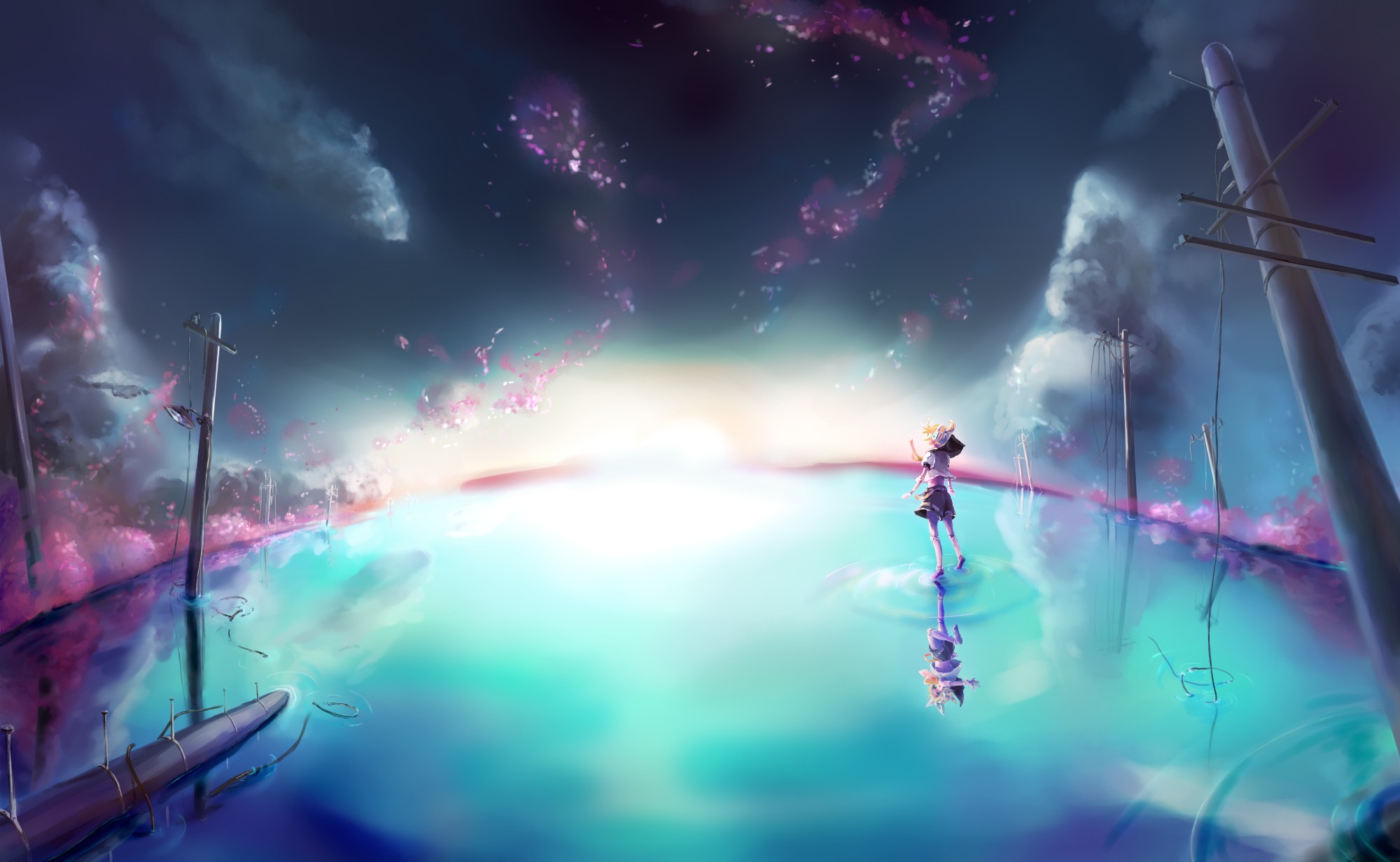Kagamine Rin in a surreal, reflective landscape HD Wallpaper
