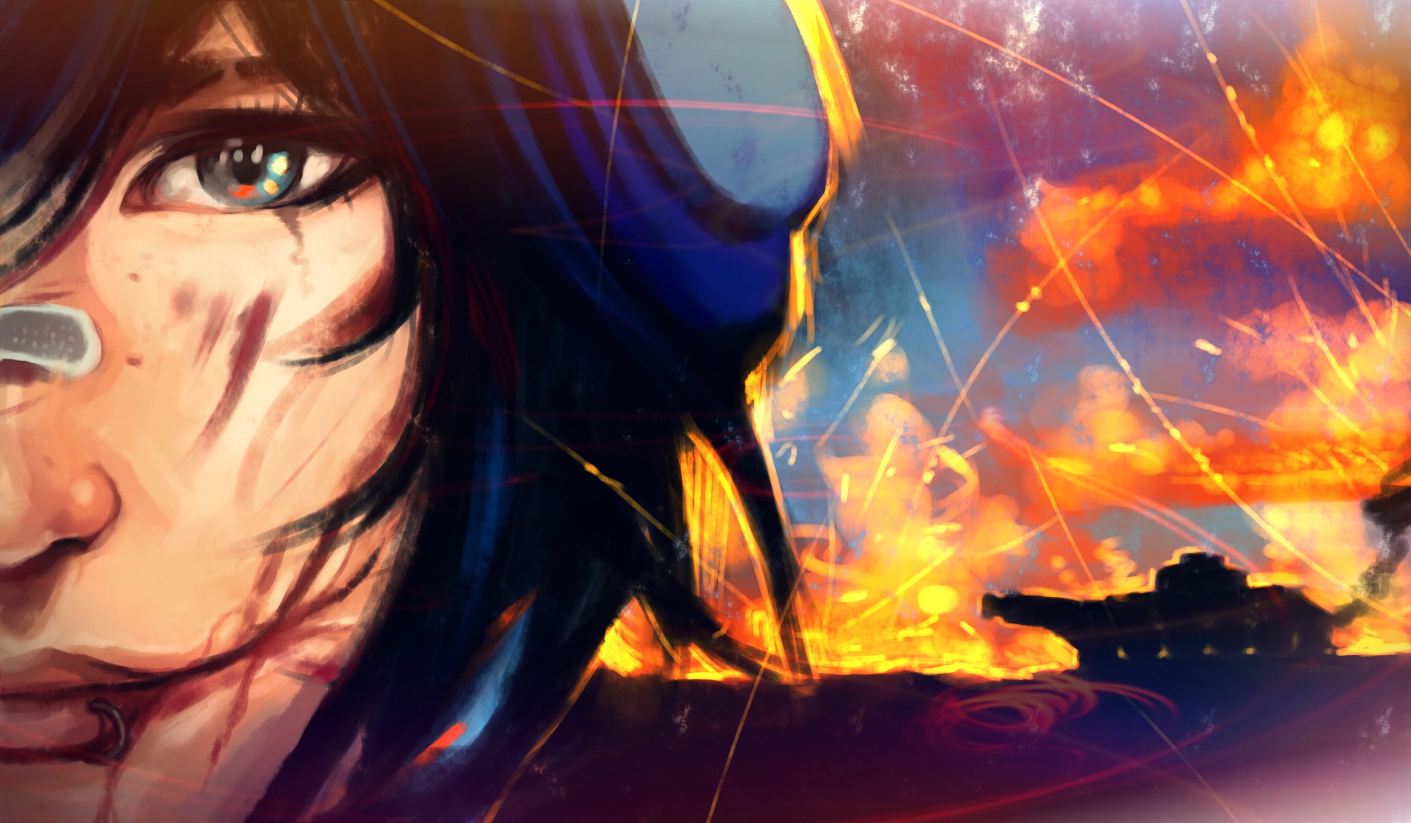 Artwork of a woman in a war zone HD Wallpaper