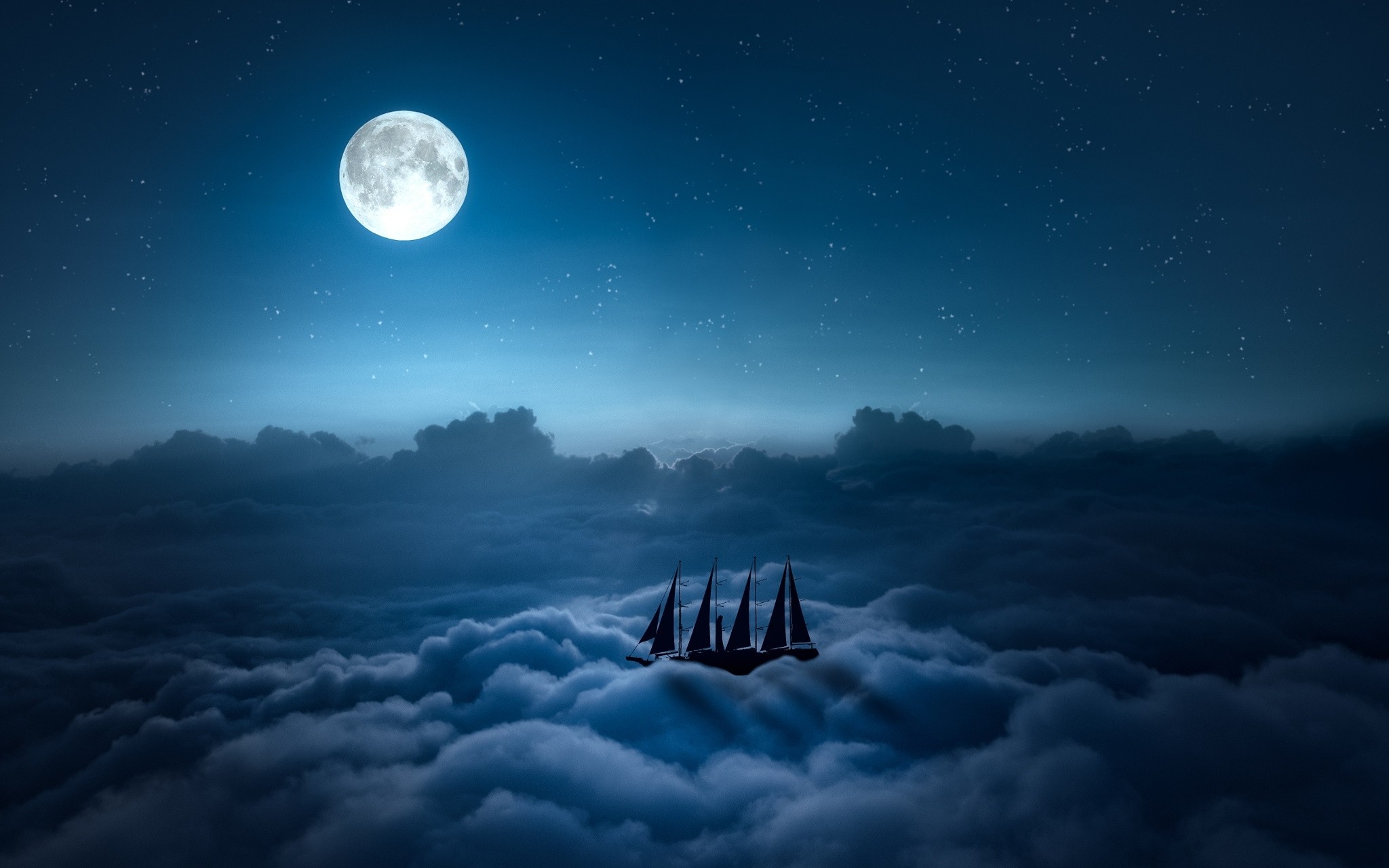 Sailboat sailing through clouds under the moon HD Wallpaper