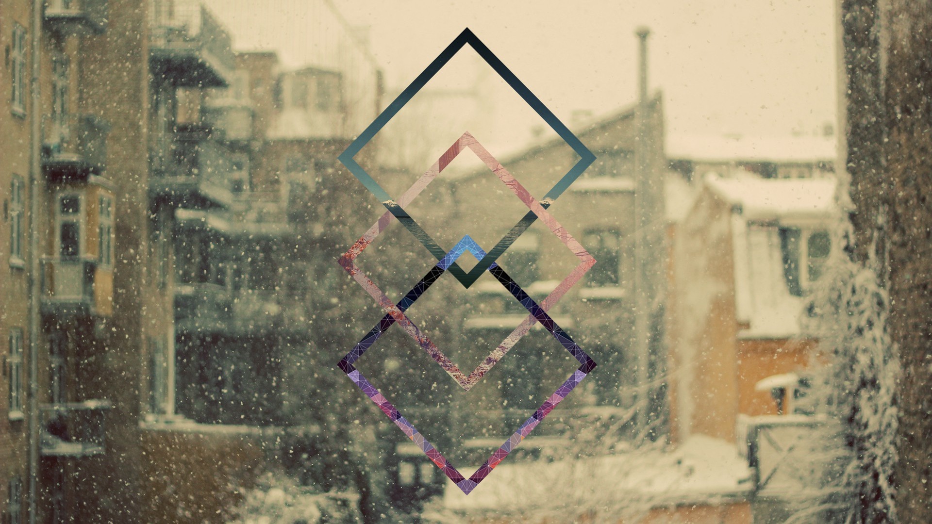 Geometric shapes overlaid on a snowy cityscape HD Wallpaper