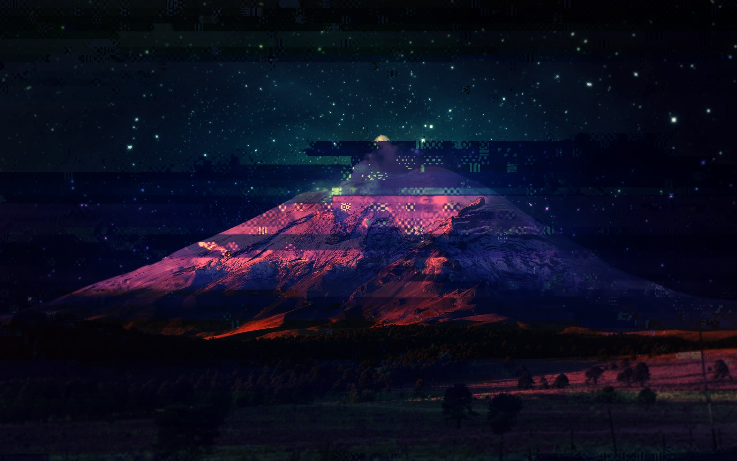 Glitch art mountain under starry sky HD Wallpaper