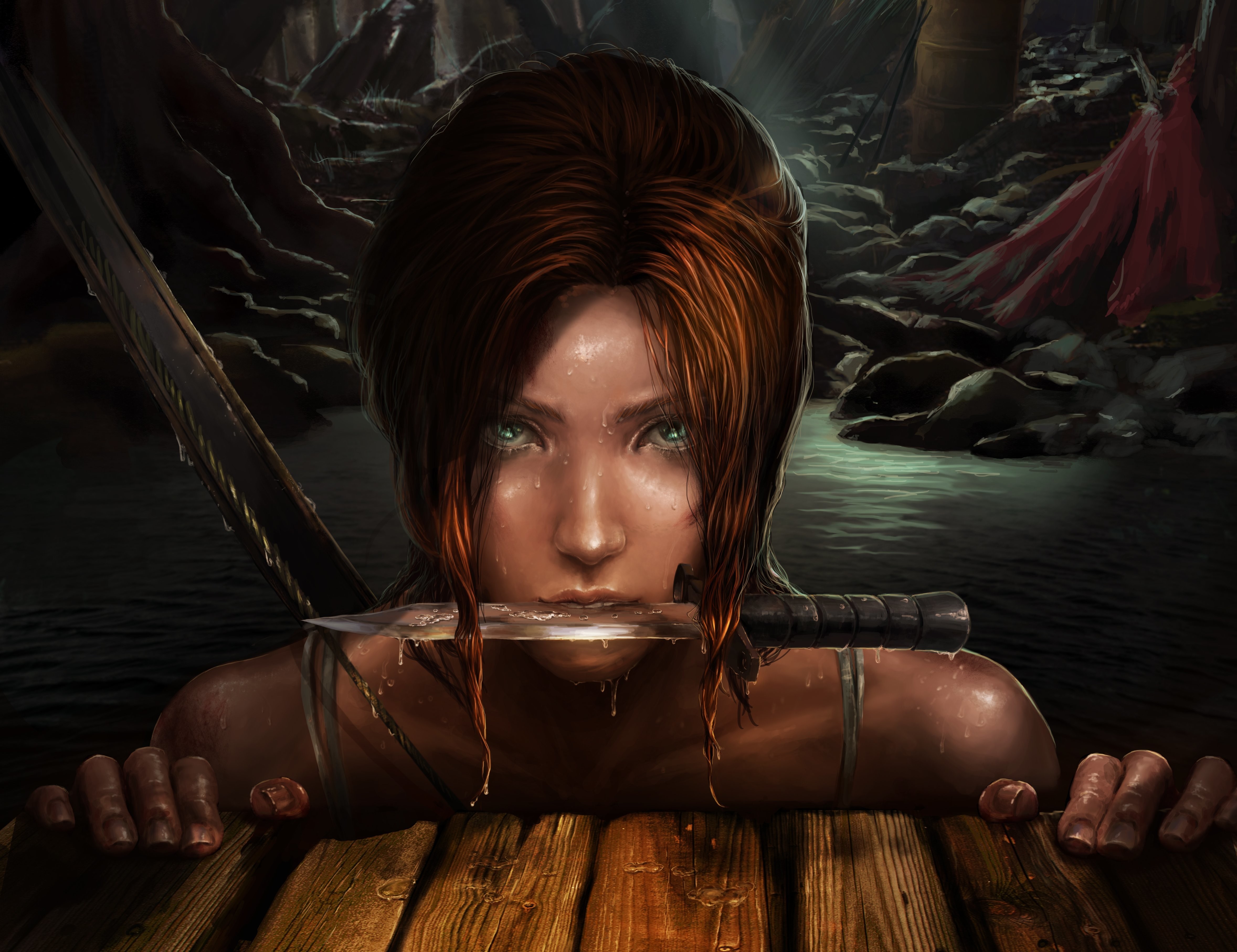 Lara Croft holding a knife in water HD Wallpaper