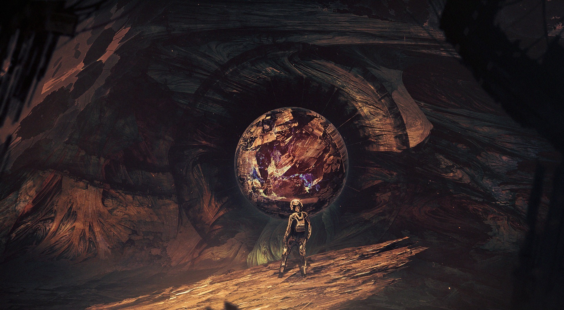 Astronaut holding a glowing orb in a cave HD Wallpaper