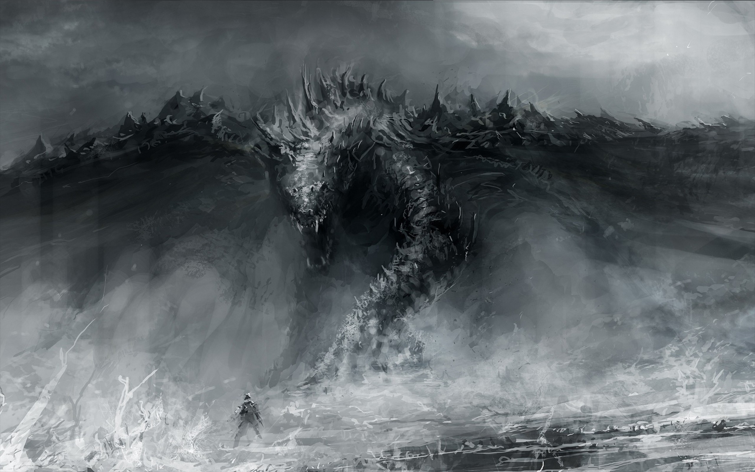 A fearsome dragon emerges from the sea before a lone warrior HD Wallpaper