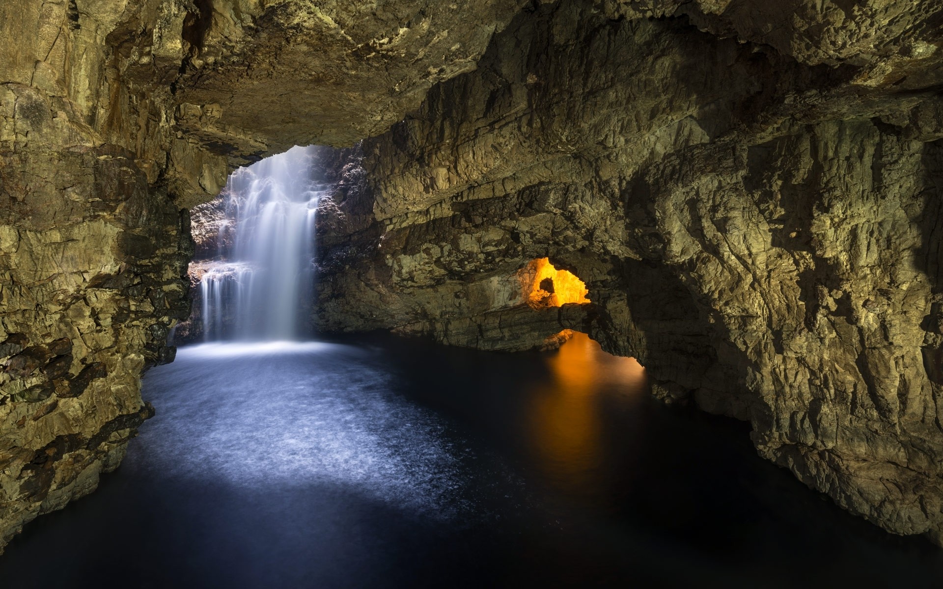Waterfall inside a cave in Scotland HD Wallpaper
