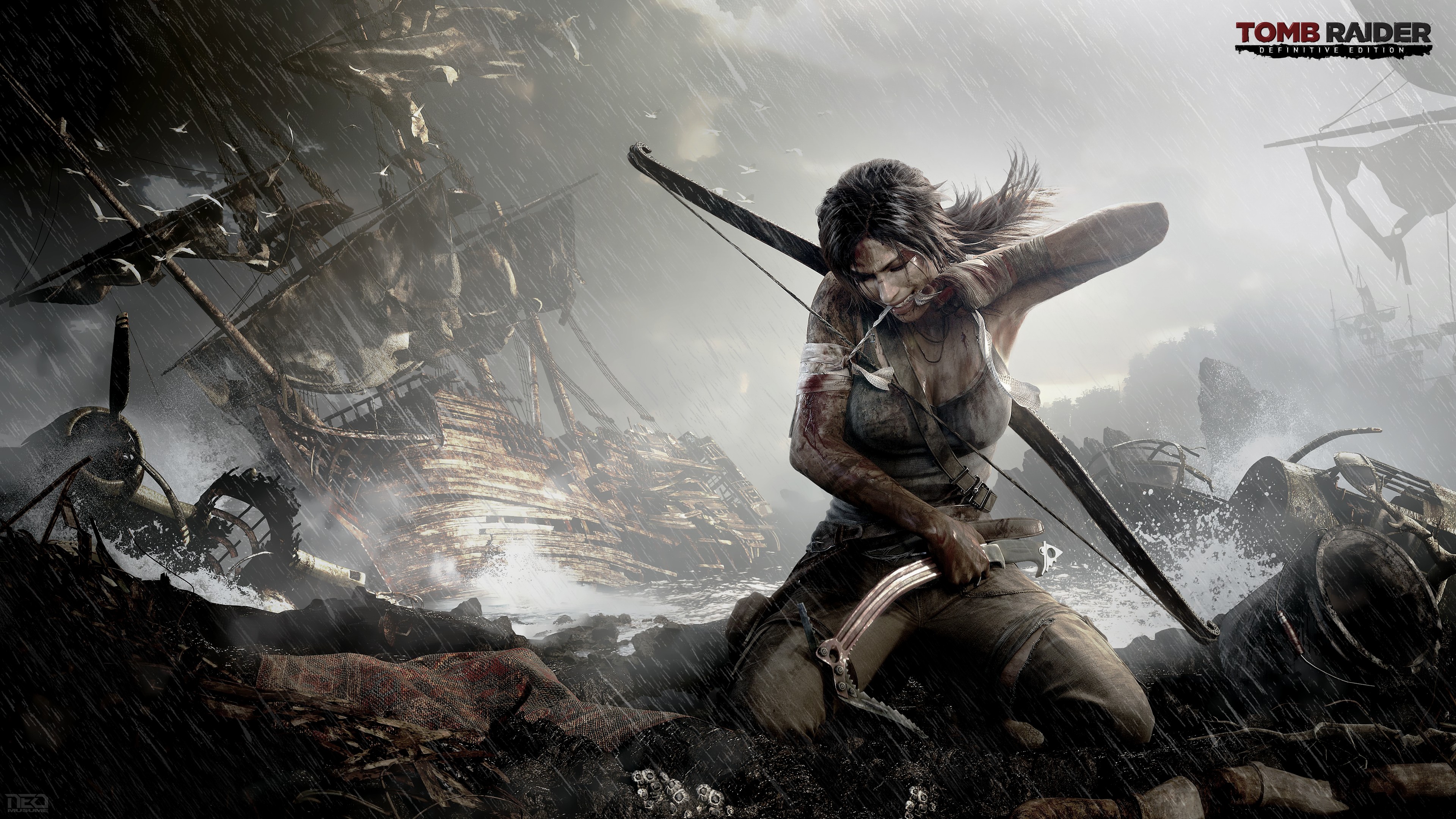 Lara Croft in Tomb Raider with Shipwreck in Rain HD Wallpaper