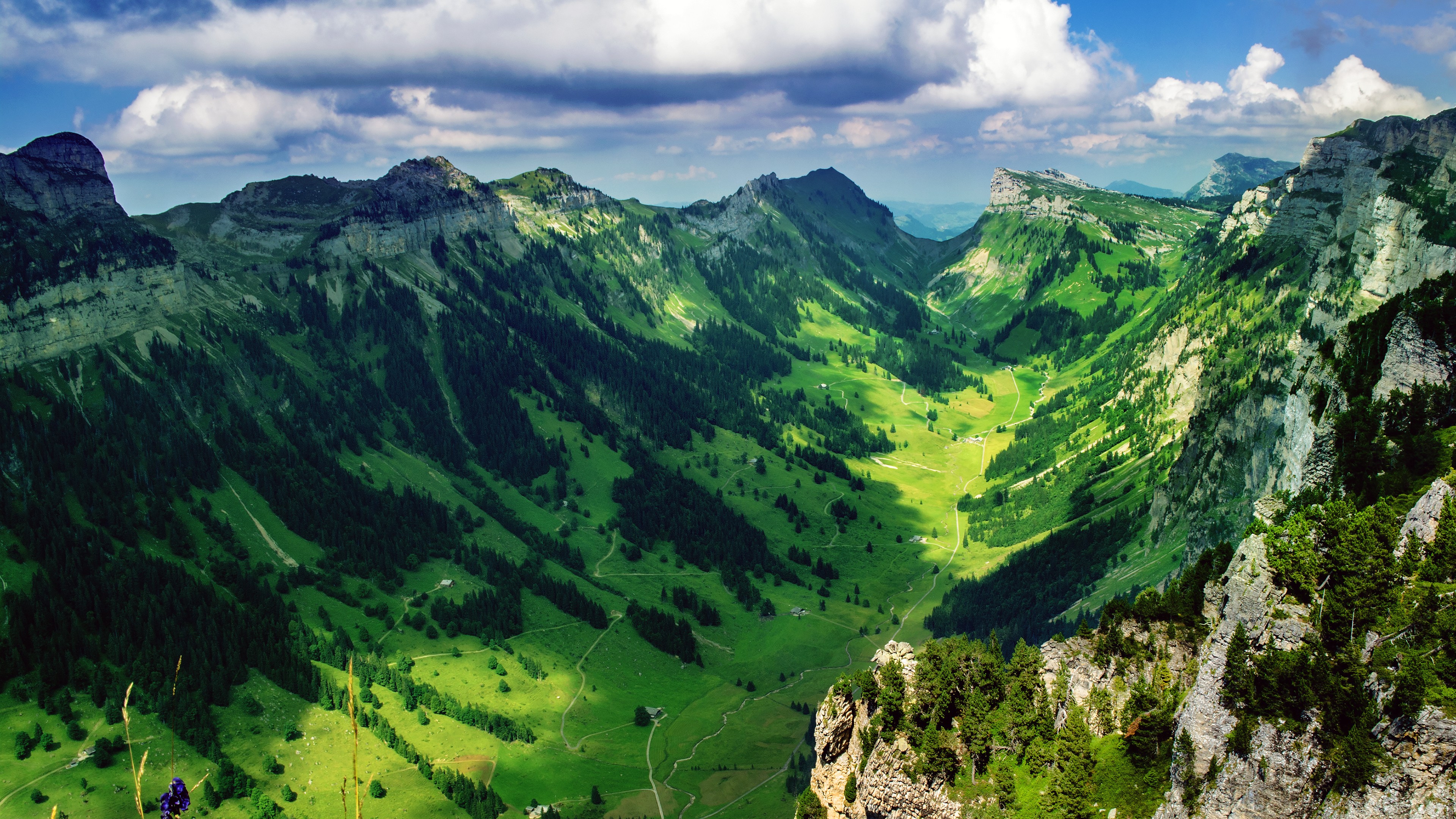 Green valley between mountains with trees and clouds HD Wallpaper