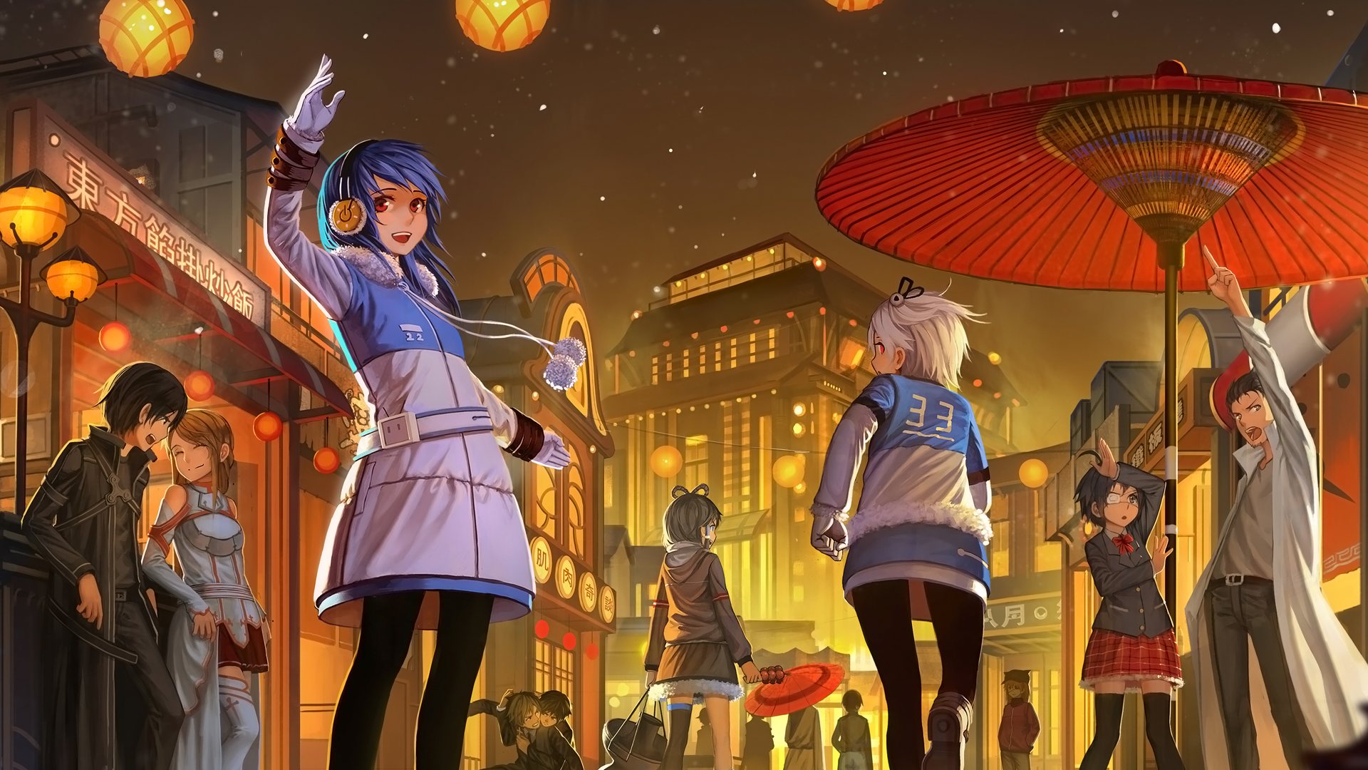 Anime characters in a Japanese street at night HD Wallpaper