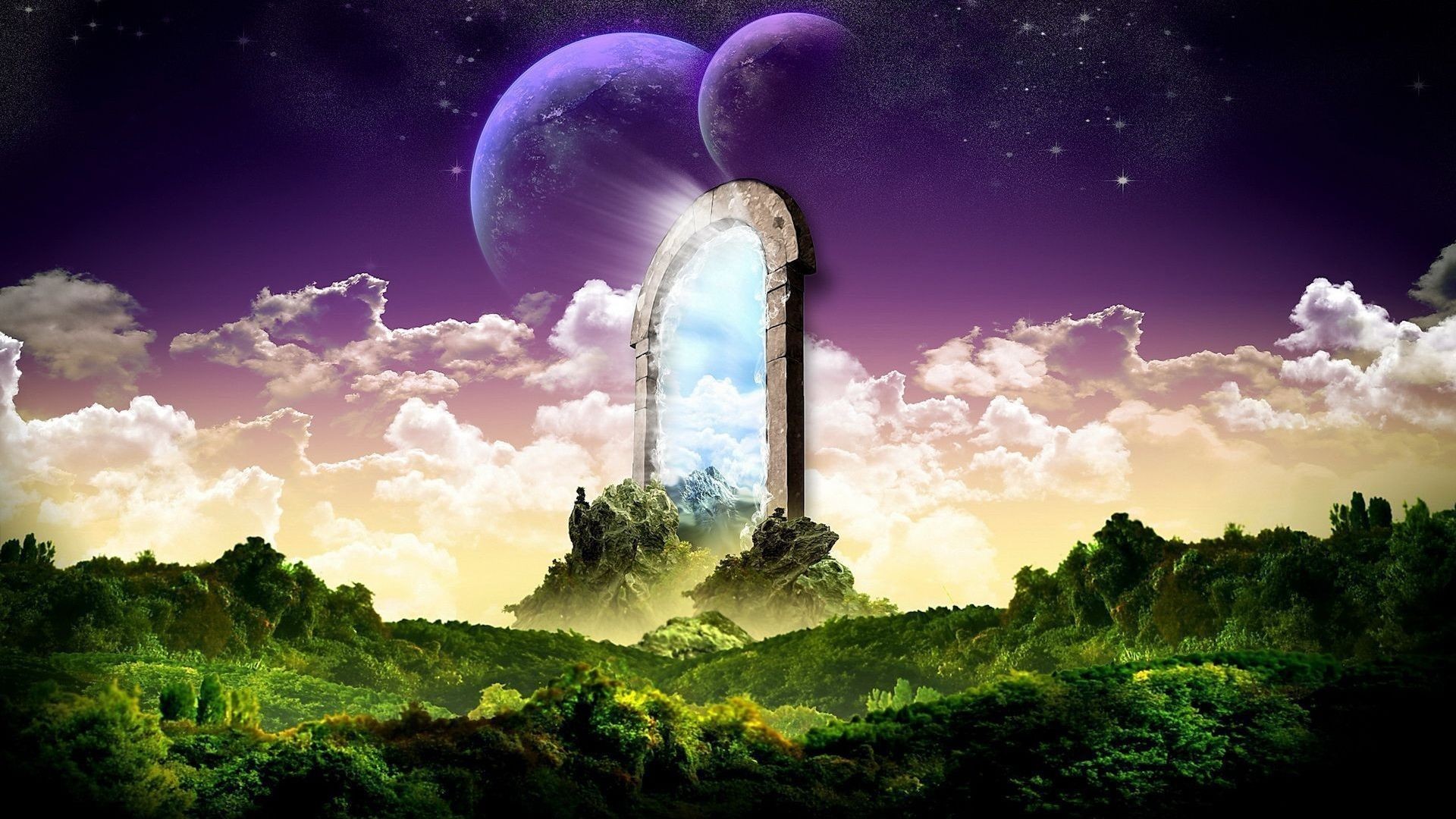 Fantasy portal to a new world with planets HD Wallpaper