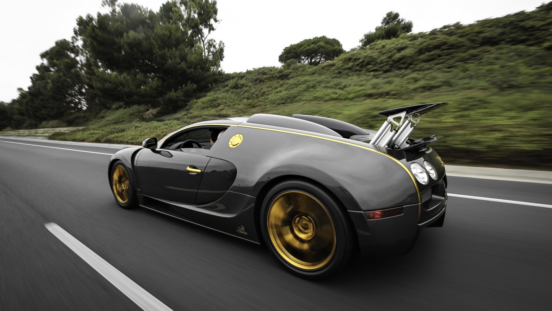 Bugatti Veyron driving on a road HD Wallpaper