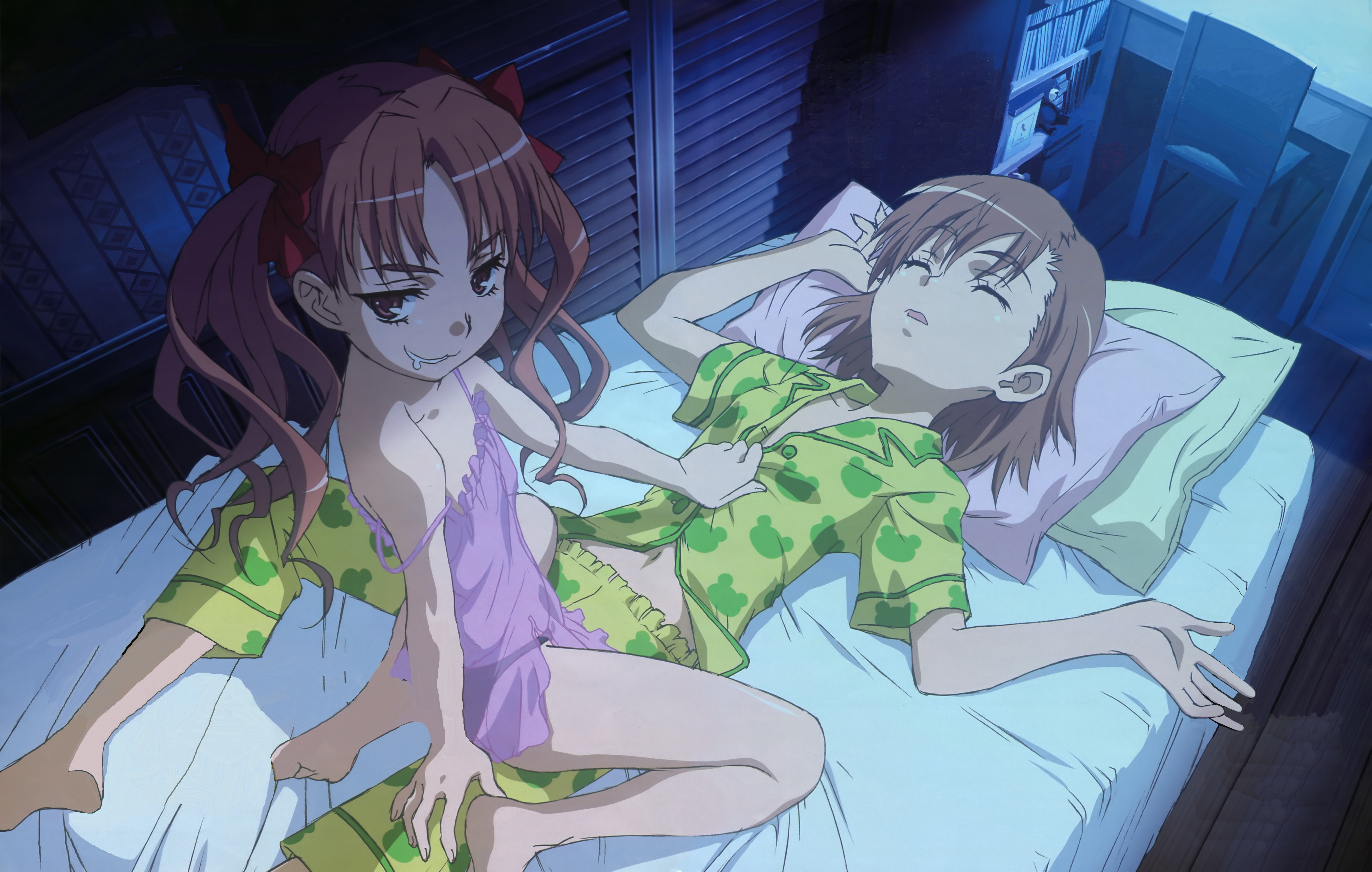 To Aru Kagaku no Railgun, anime, To aru Majutsu no Index, anime girls, lesbians, Misaka Mikoto, in bed, Shirai Kuroko HD Wallpaper