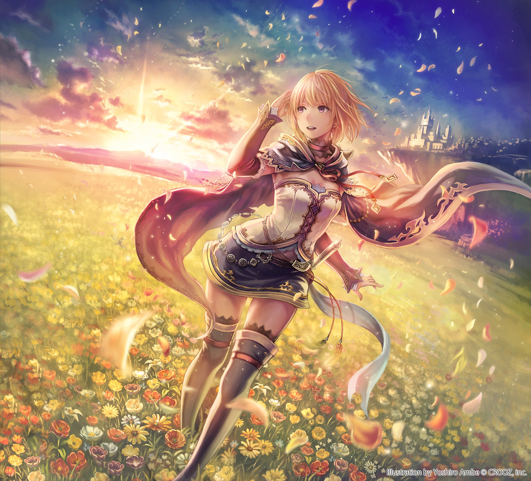 Woman in a flower field with a castle in the background HD Wallpaper