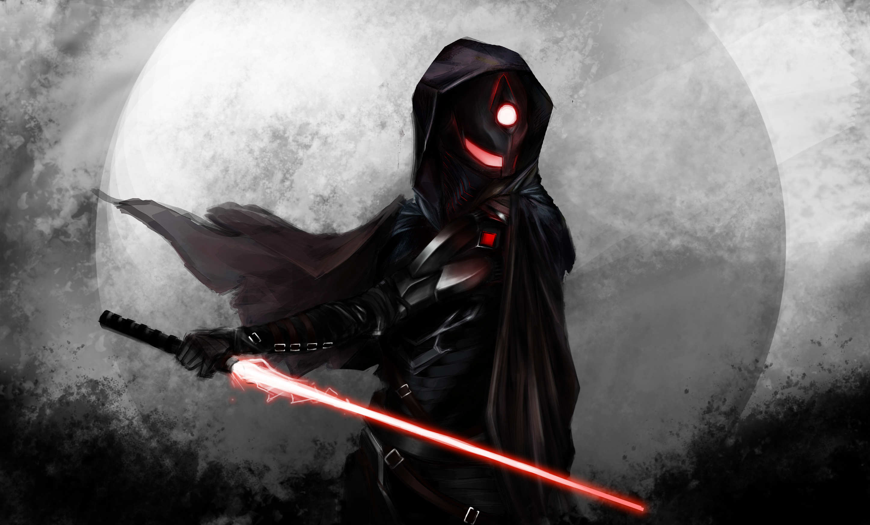 Sith warrior with red lightsaber and moon background HD Wallpaper