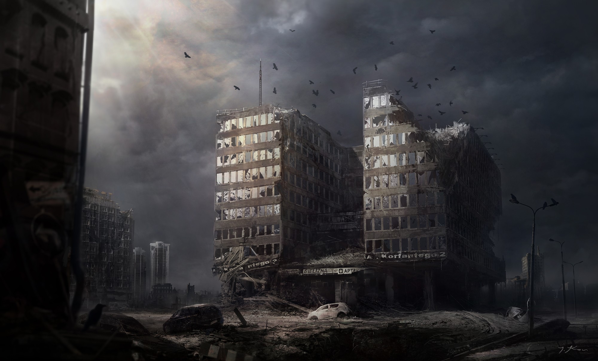 Apocalyptic ruined city with birds flying HD Wallpaper