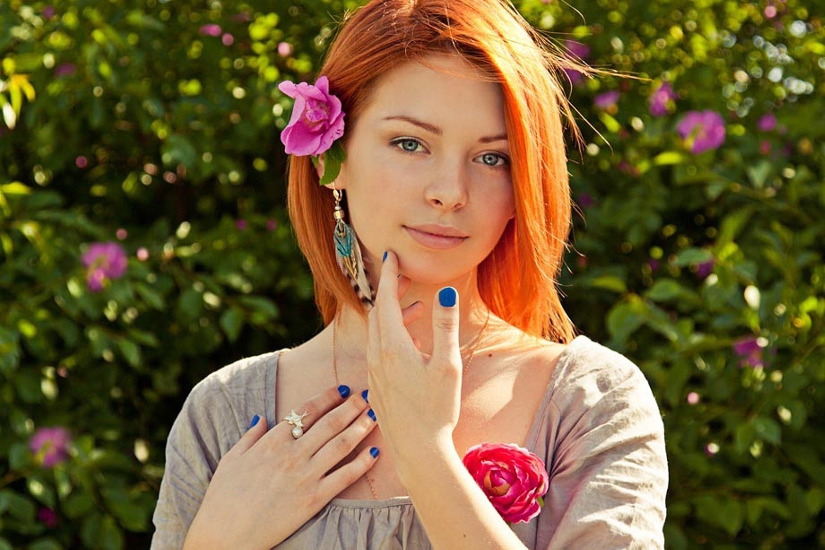Woman with red hair and flowers HD Wallpaper