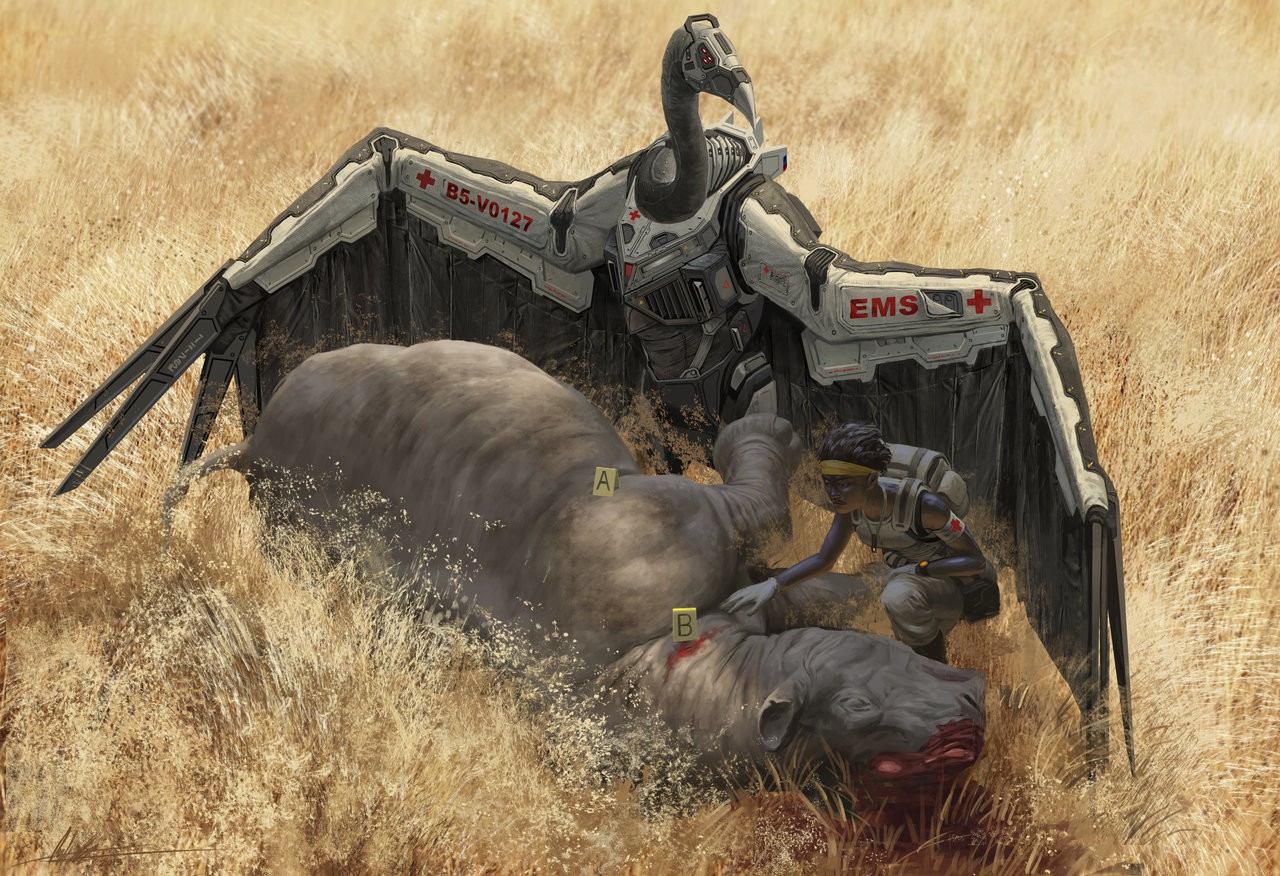 Robotic vulture and medic tending to rhinos HD Wallpaper
