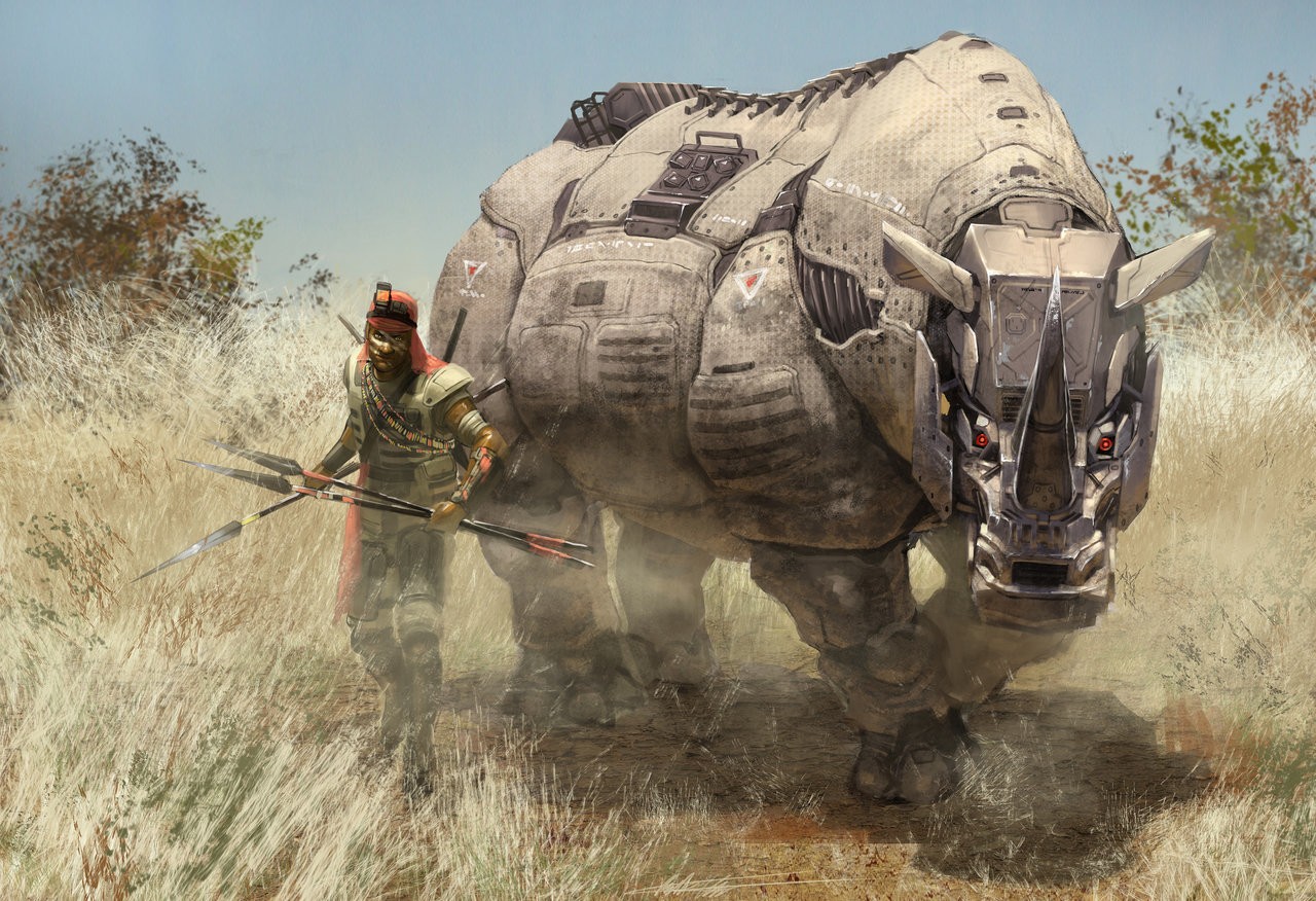 A cyborg rhino and a warrior in a savanna HD Wallpaper