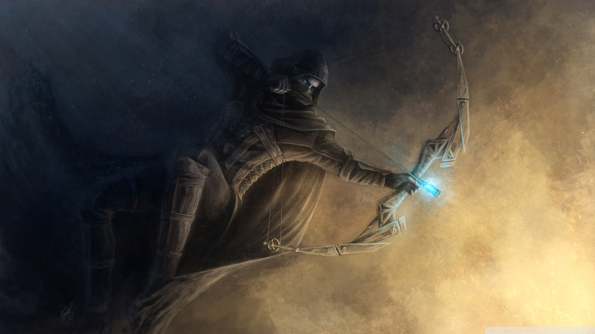 Thief character drawing a bow with glowing arrow HD Wallpaper