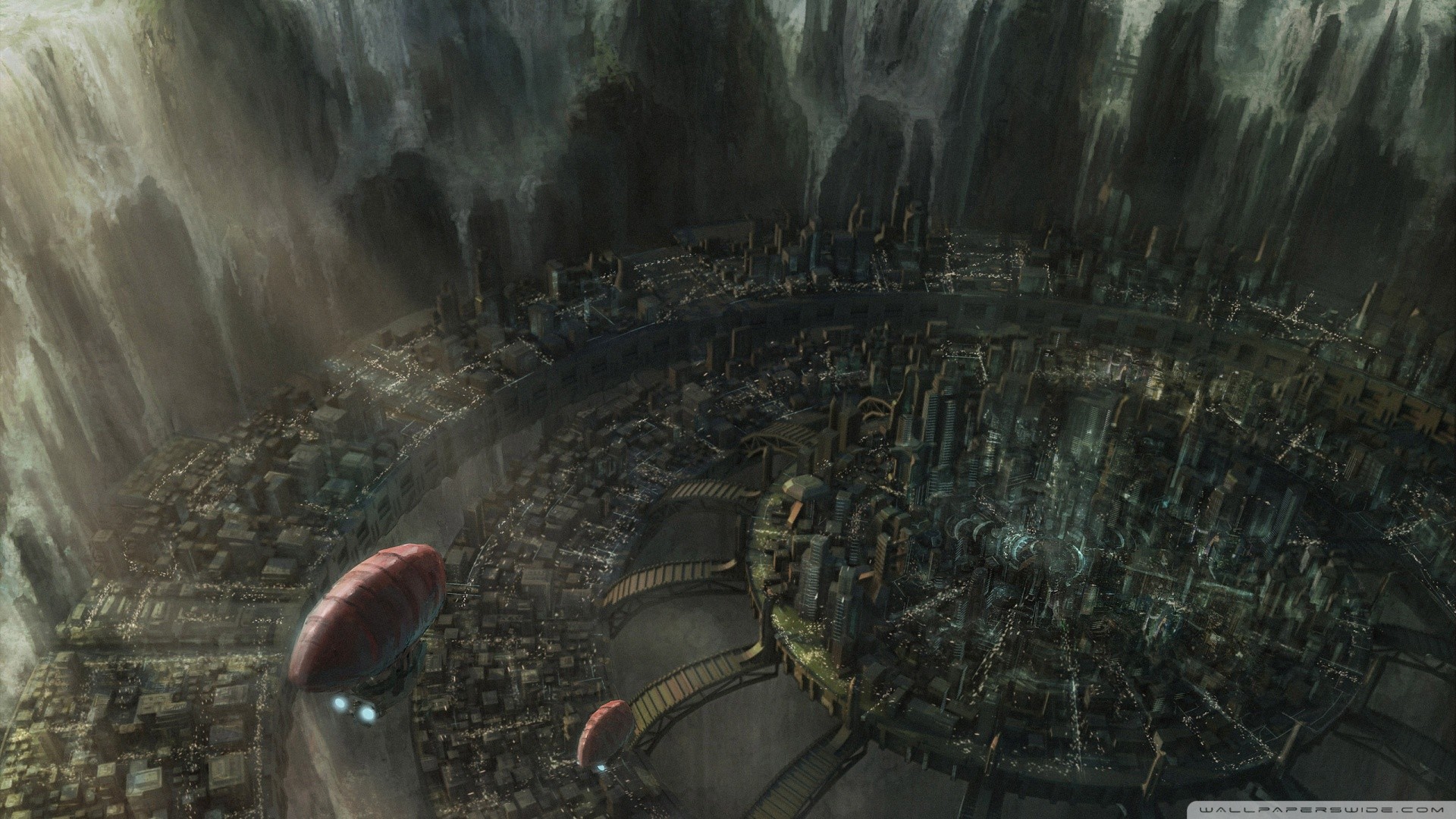 Fantasy city with waterfalls and airship HD Wallpaper
