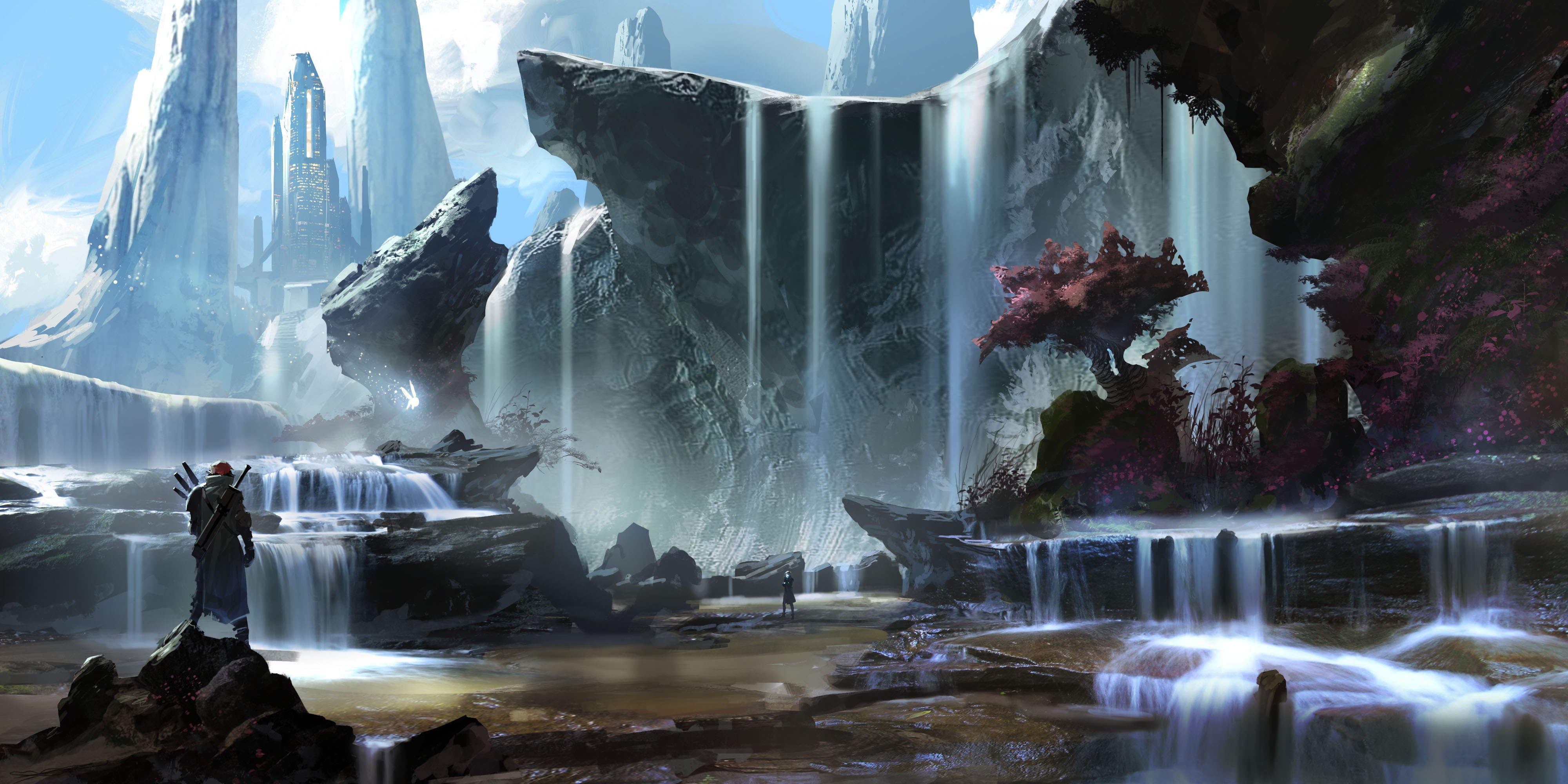 Fantasy landscape with waterfalls and futuristic city HD Wallpaper