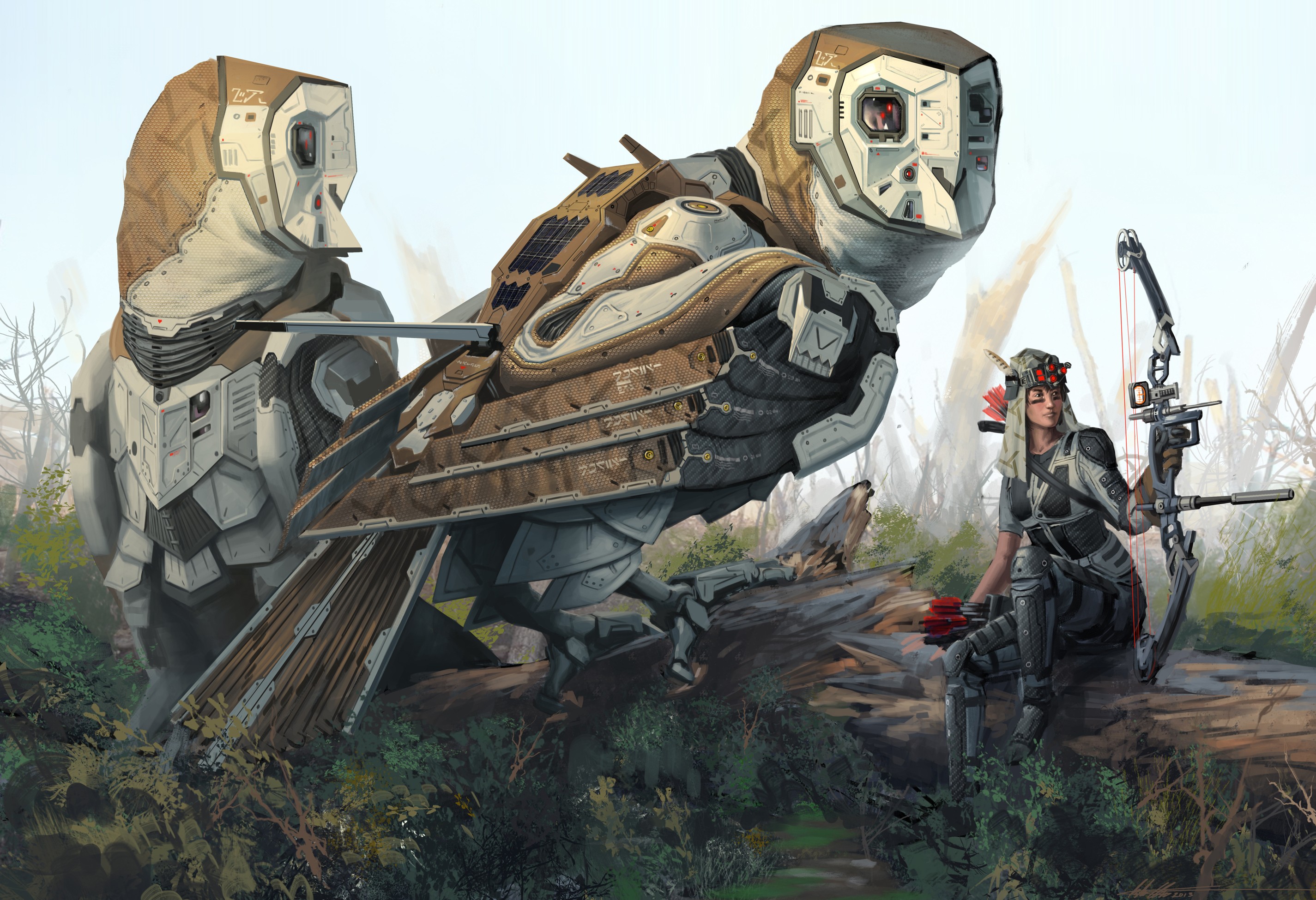 Futuristic owl robots and a female archer in a forest HD Wallpaper