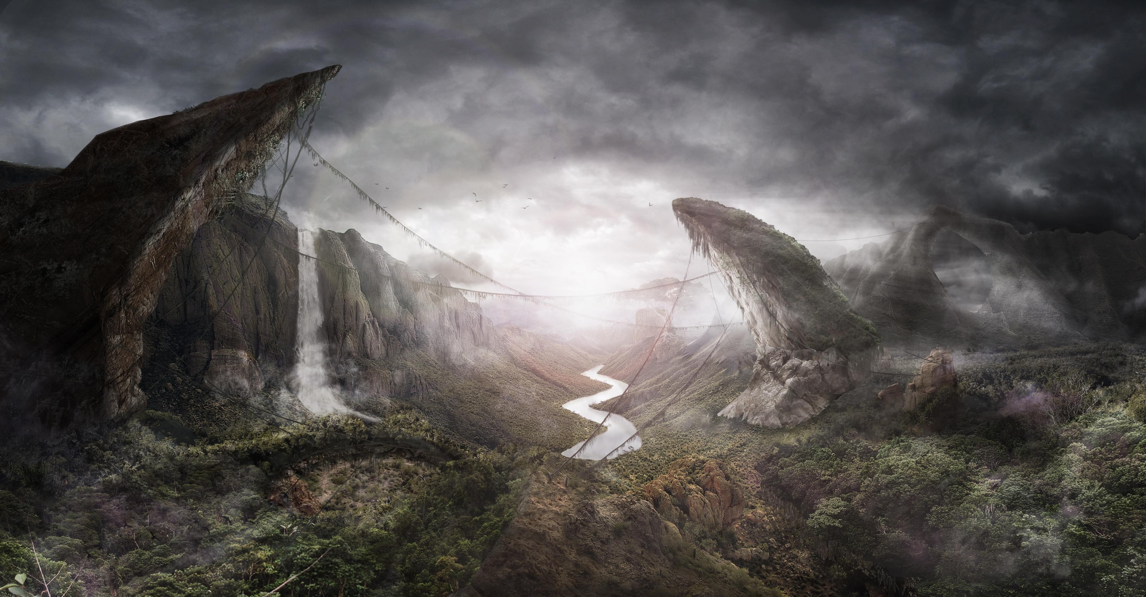 Fantasy valley with rope bridges and waterfalls HD Wallpaper