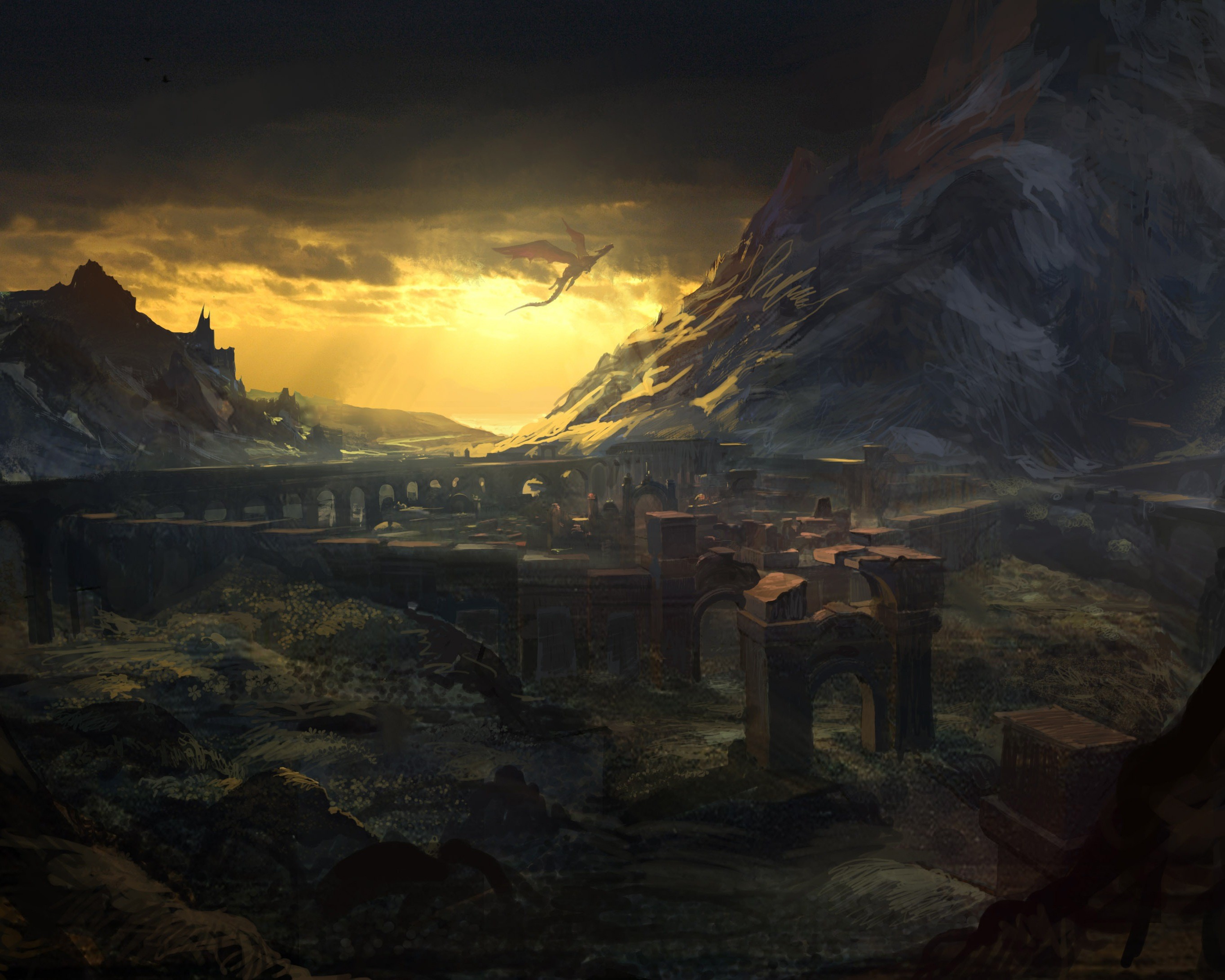 Dragon flying over ancient ruins at sunset HD Wallpaper