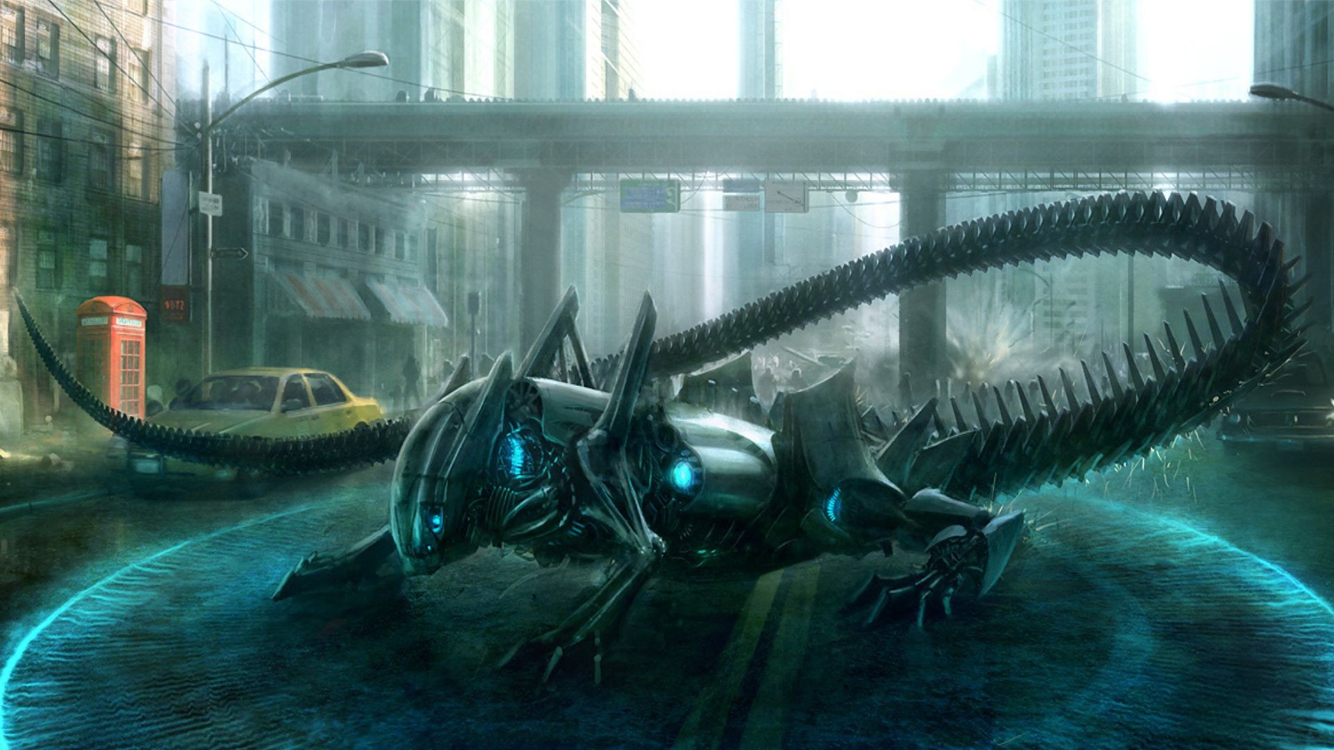 A menacing robot with a segmented tail in a city street HD Wallpaper