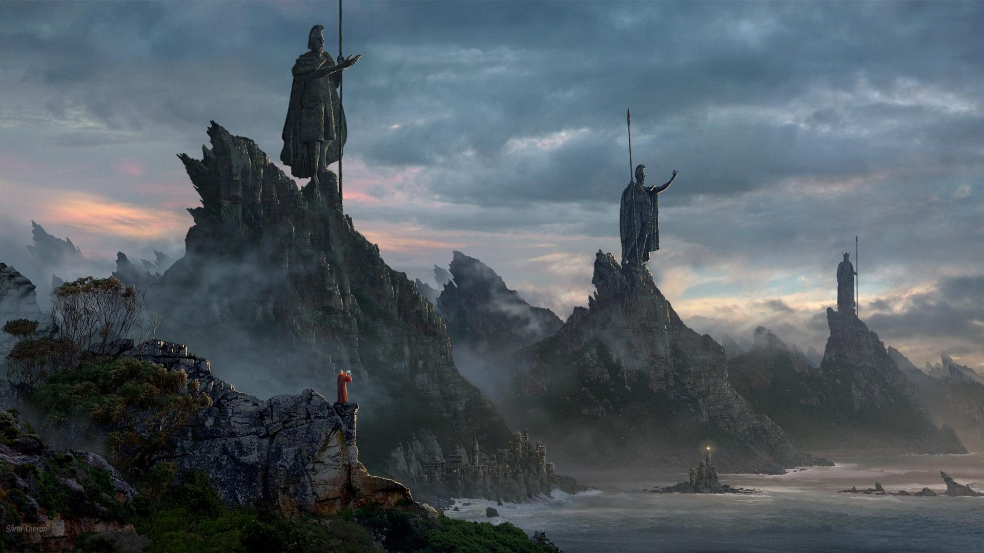 Fantasy coast with statues and a monk HD Wallpaper