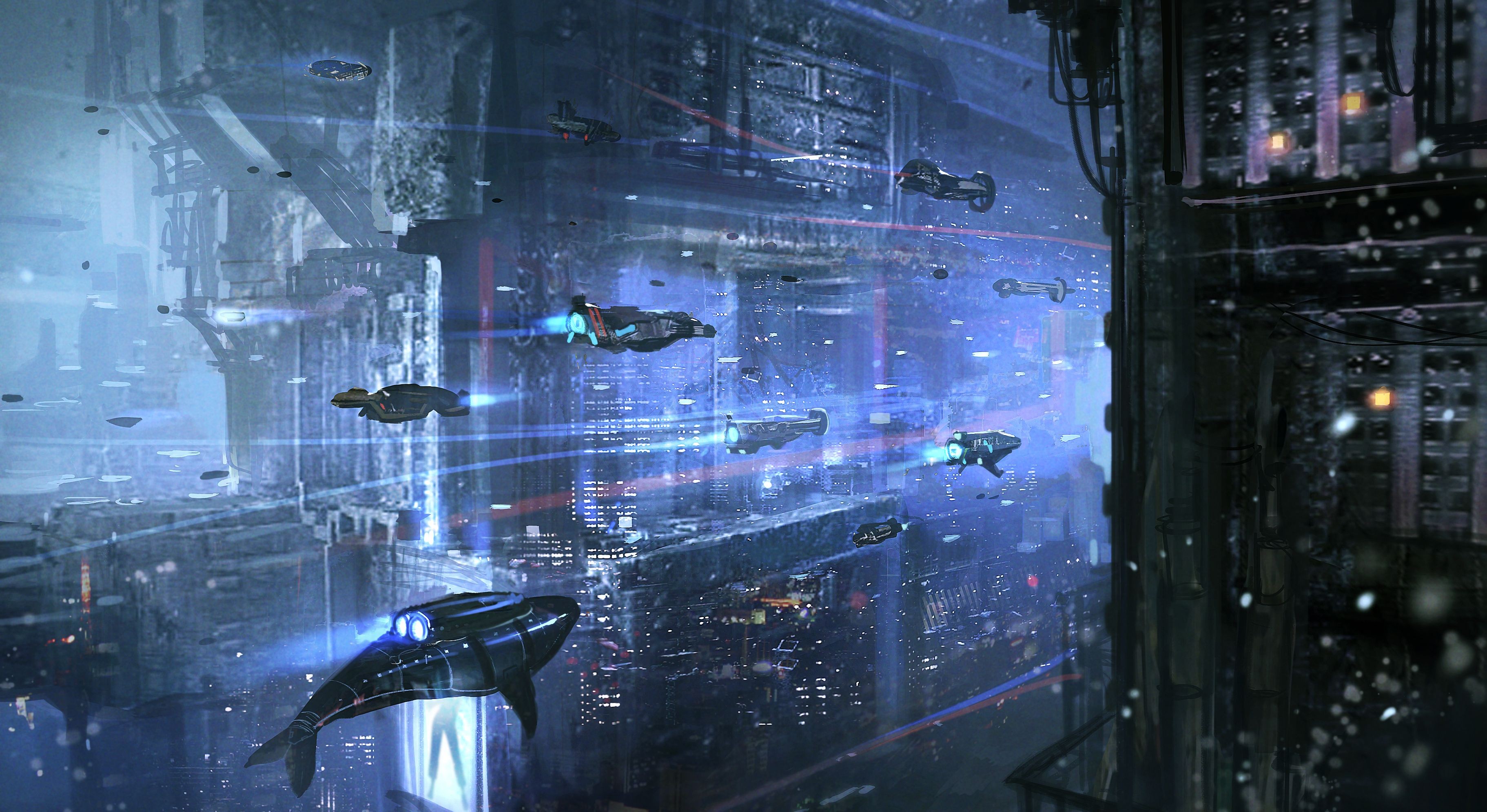 Sci-fi city with flying vehicles HD Wallpaper