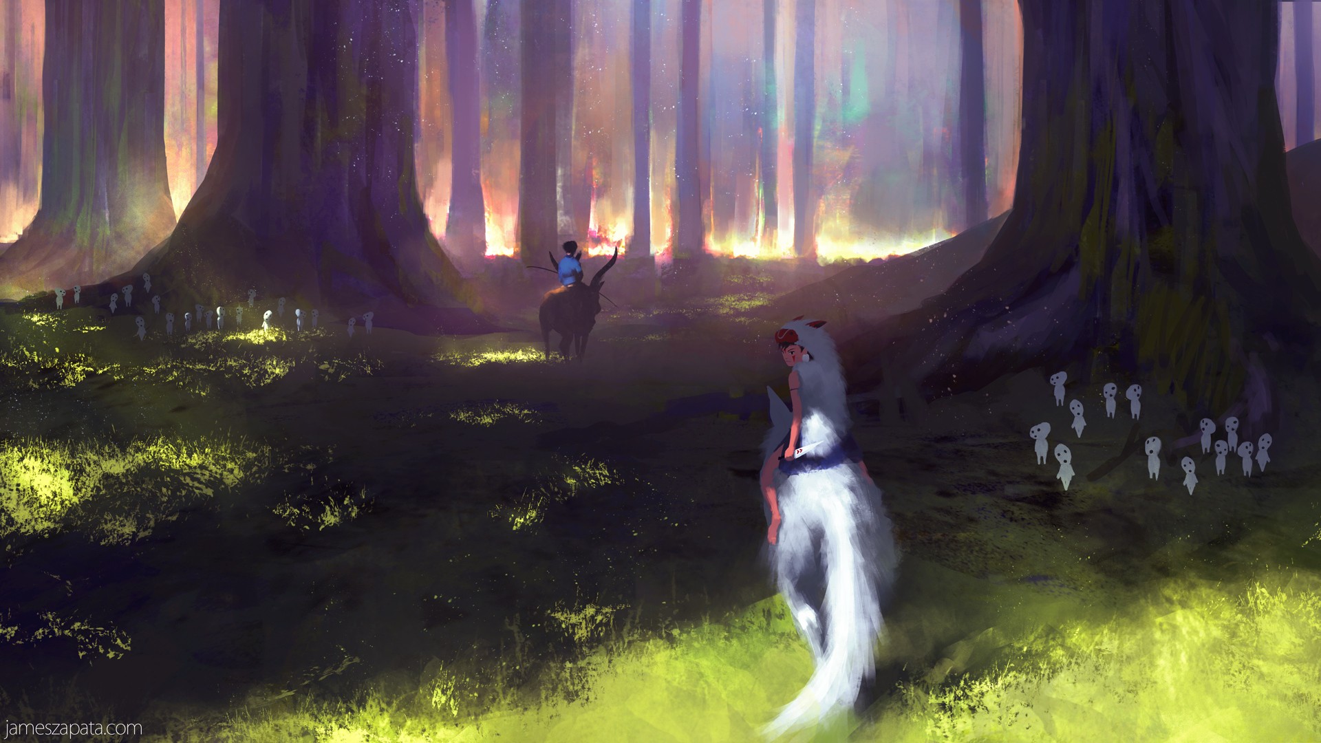 Princess Mononoke and Kodama in a Forest HD Wallpaper