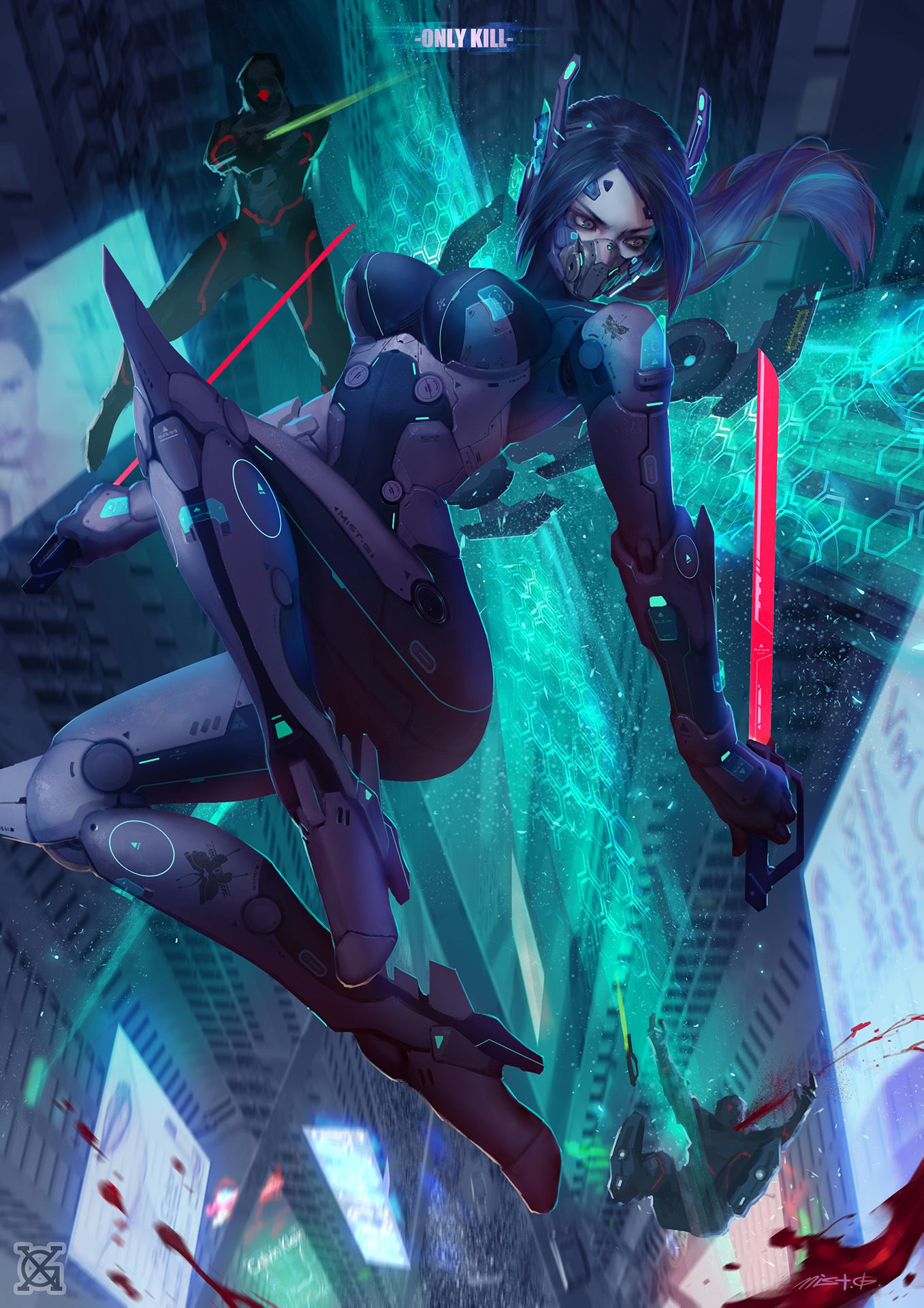 Cyberpunk warrior with red katana in a neon city HD Wallpaper