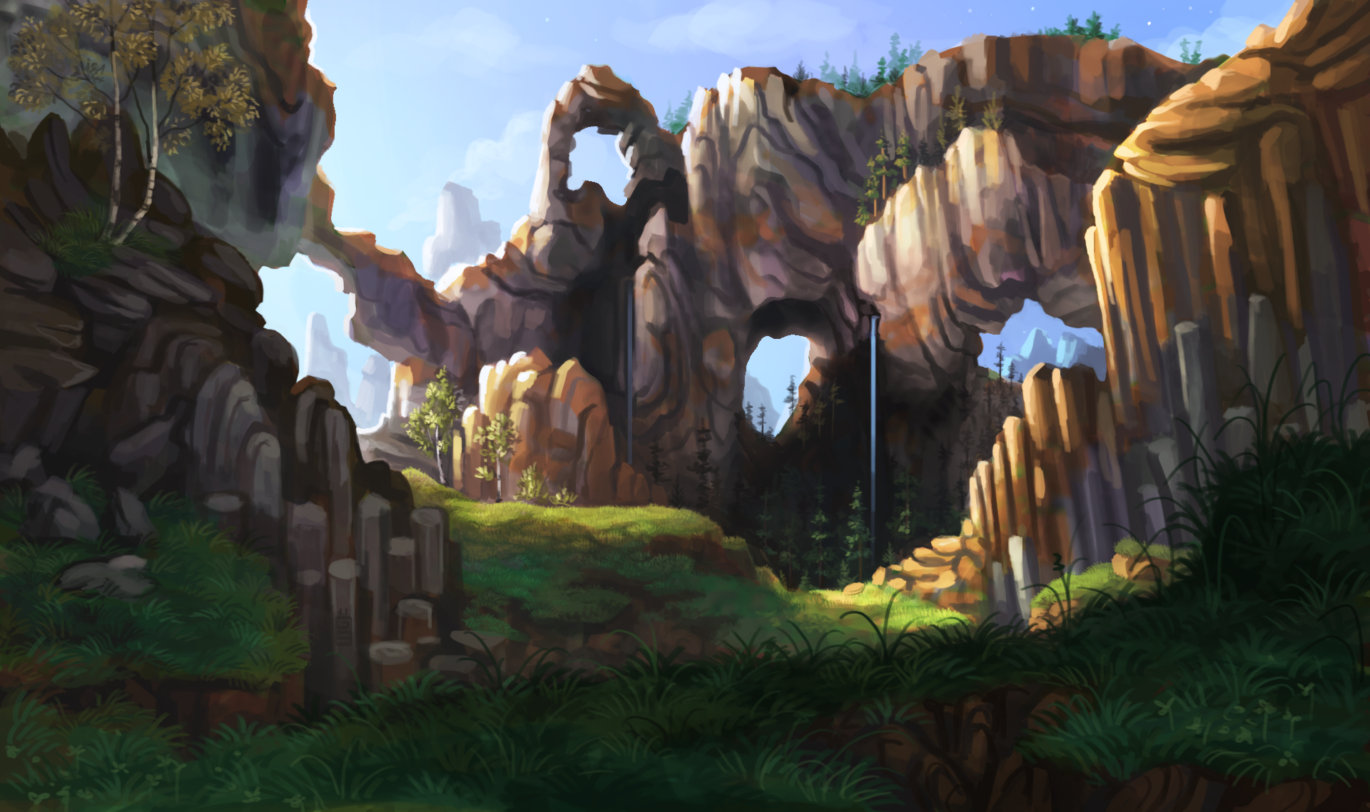 A watercolor landscape of rocky arches and waterfalls HD Wallpaper
