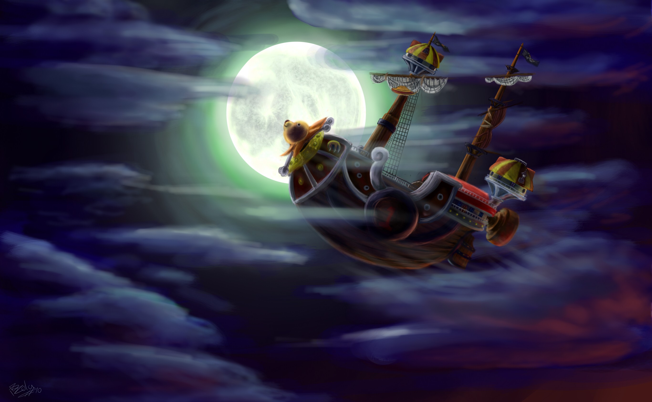 One Piece Thousand Sunny flying through clouds at night HD Wallpaper