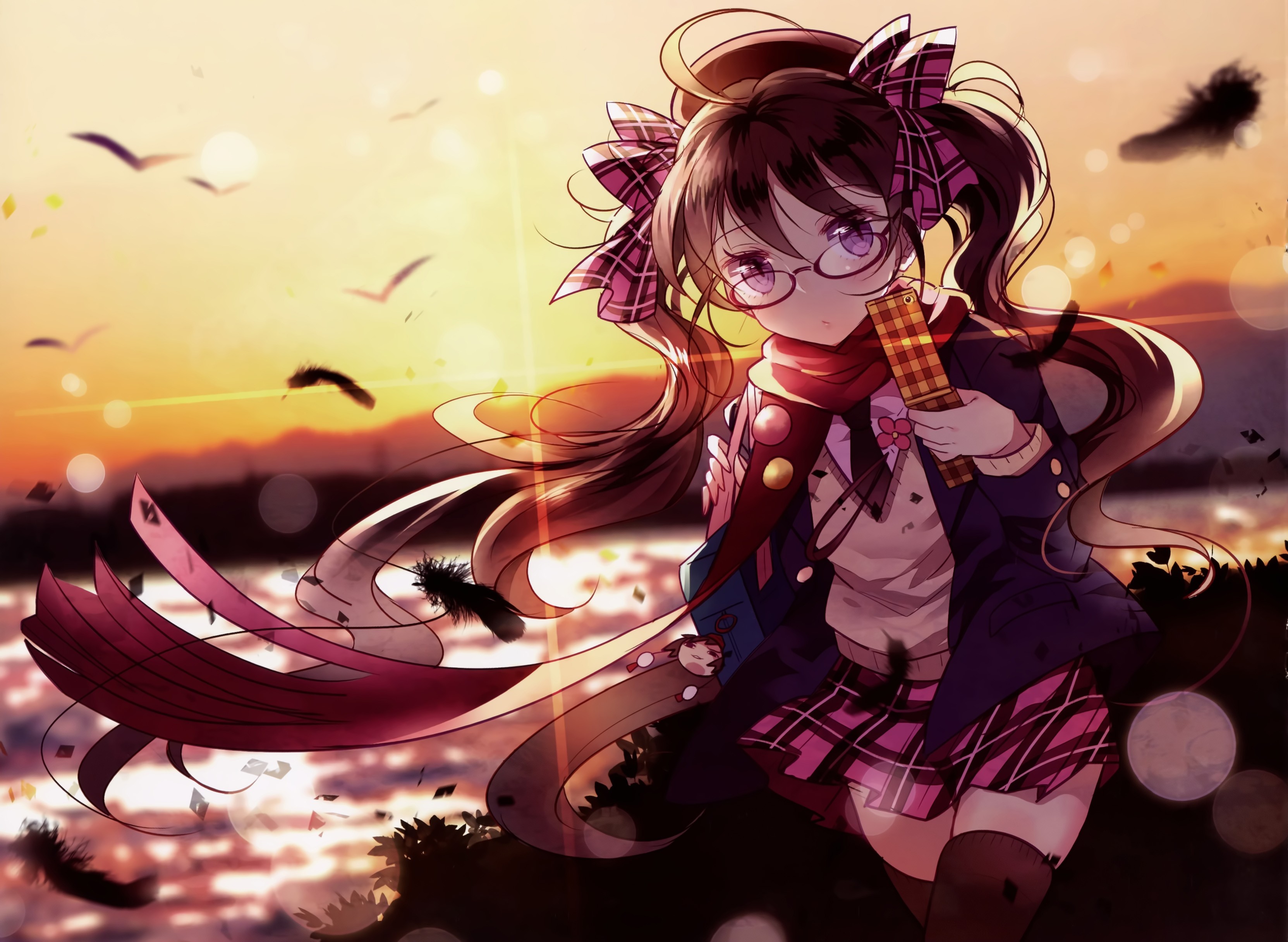 Anime girl with glasses and pigtails at sunset HD Wallpaper