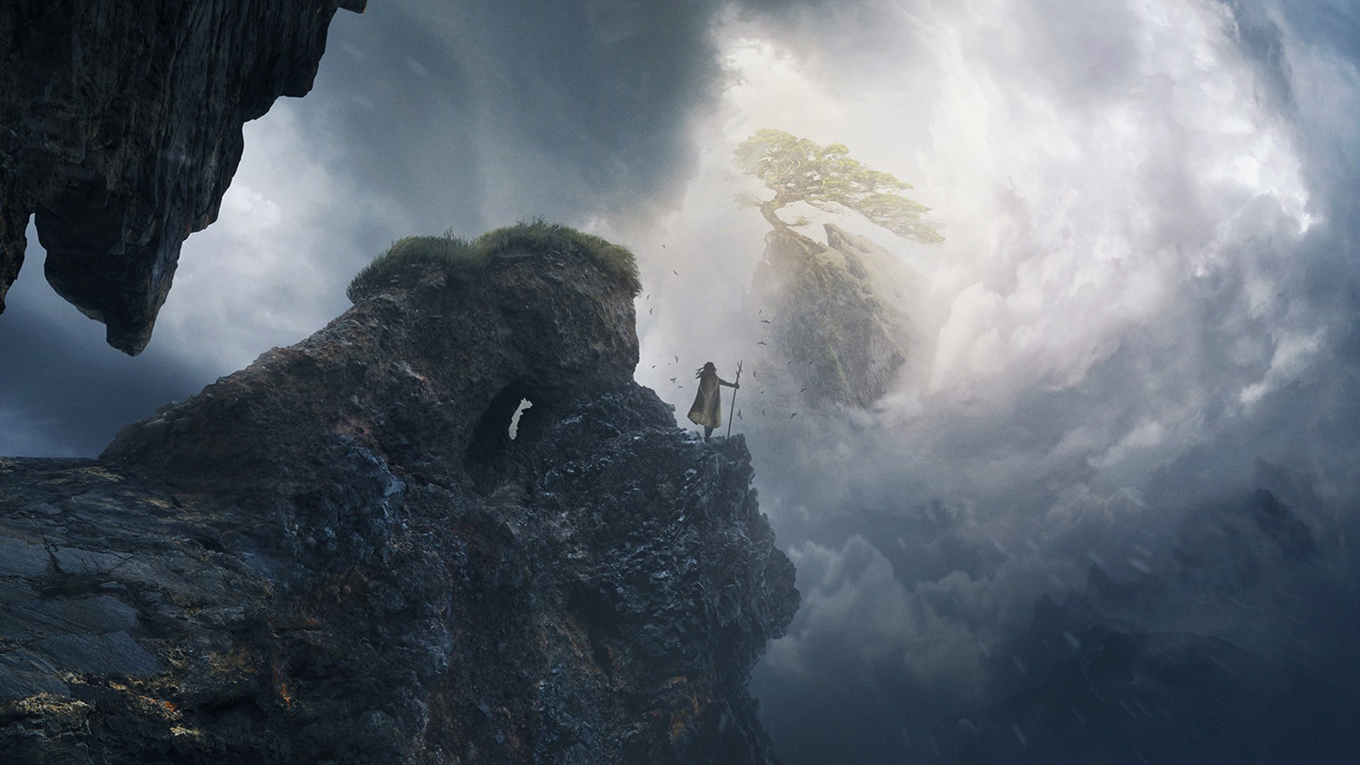 Fantasy art of a person on a cliff HD Wallpaper