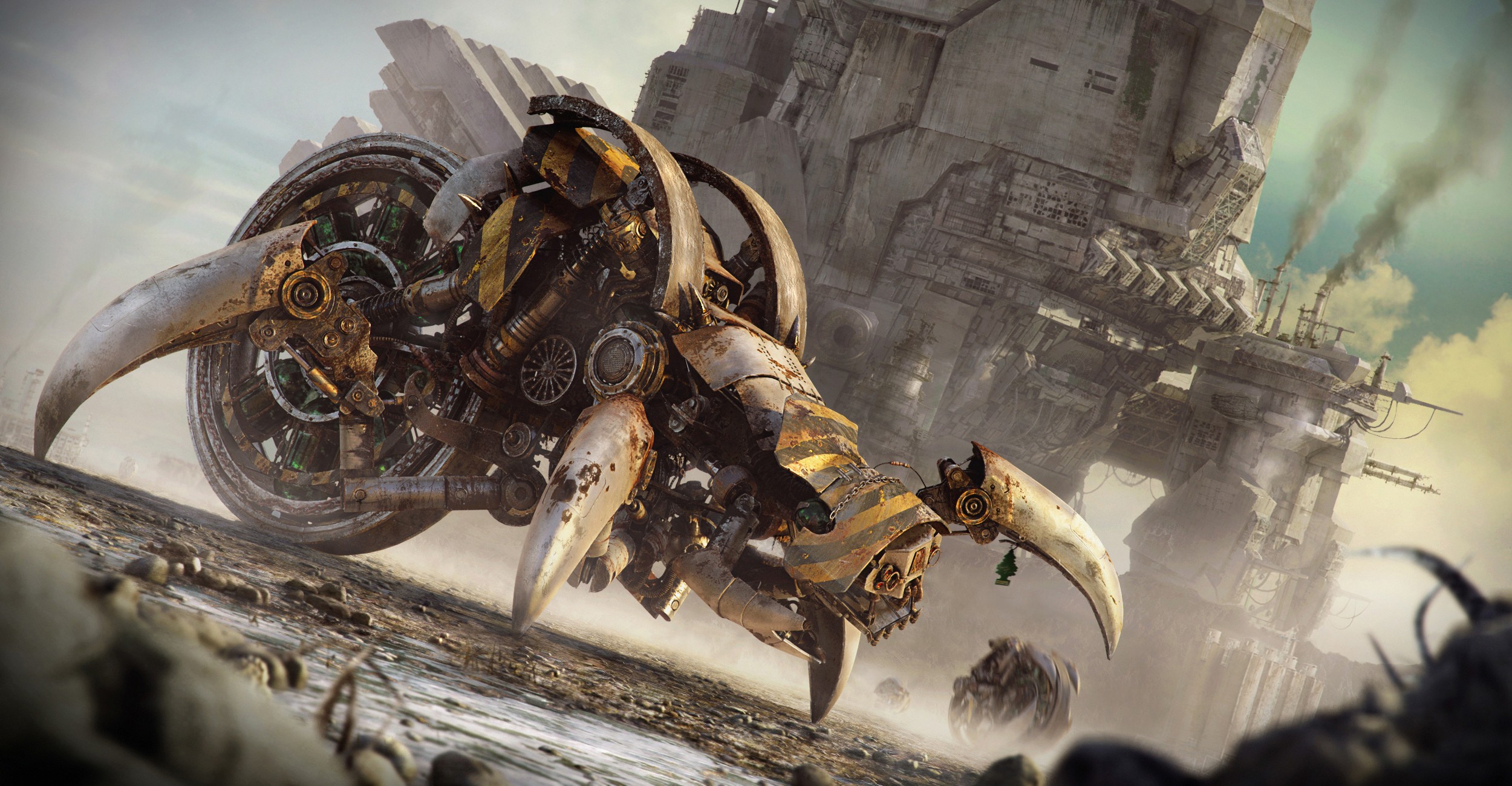 Steampunk mechanical creature in a desolate landscape HD Wallpaper