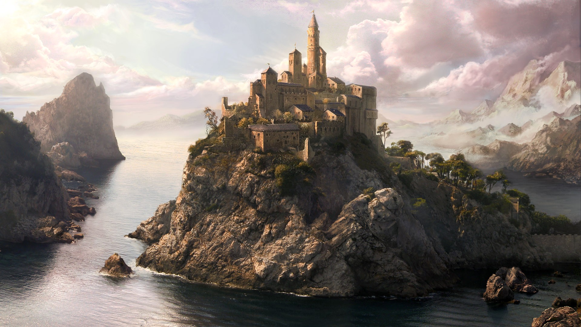 Fantasy castle on a rocky island in the sea HD Wallpaper
