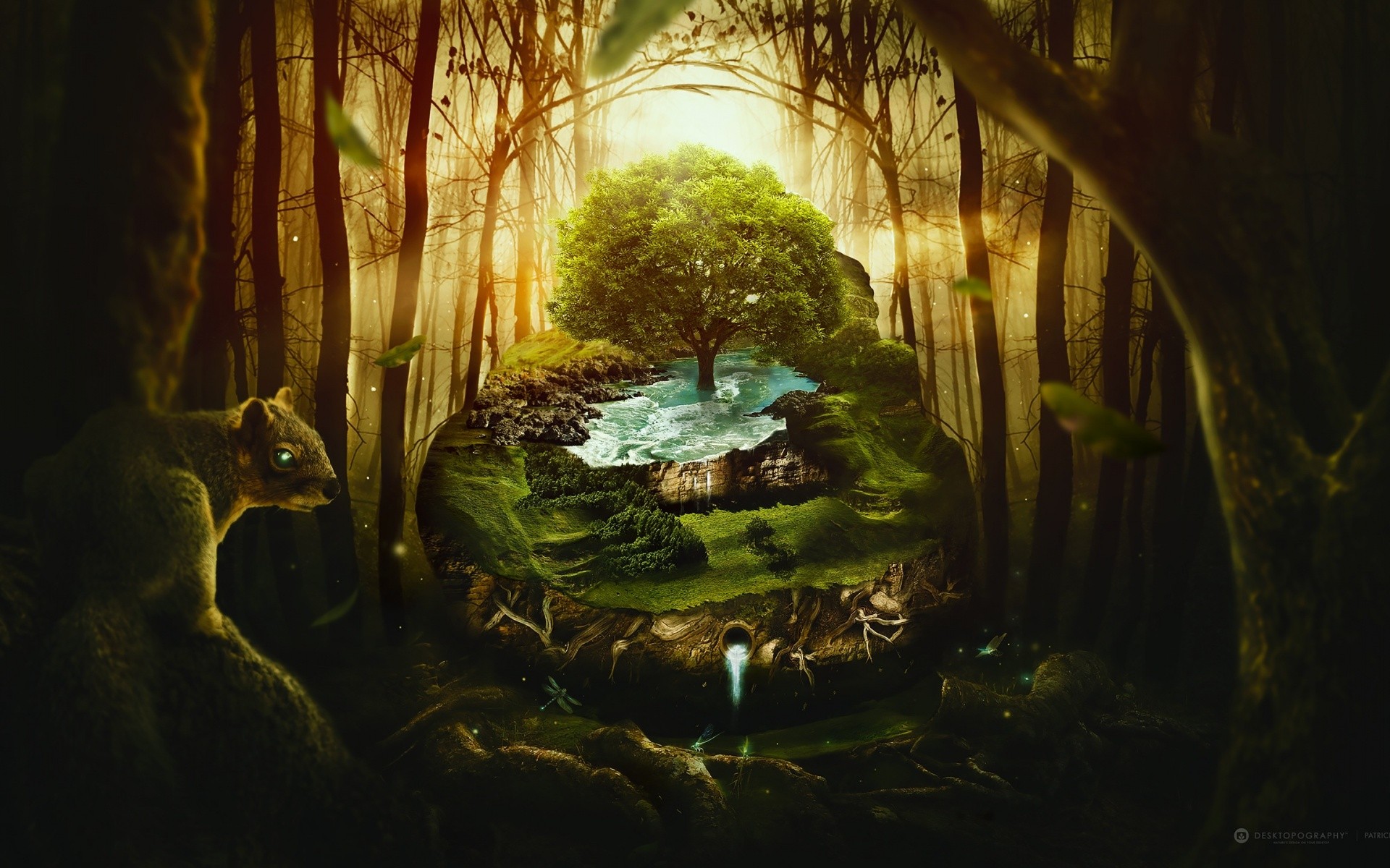 A surreal forest island with a tree and a squirrel HD Wallpaper
