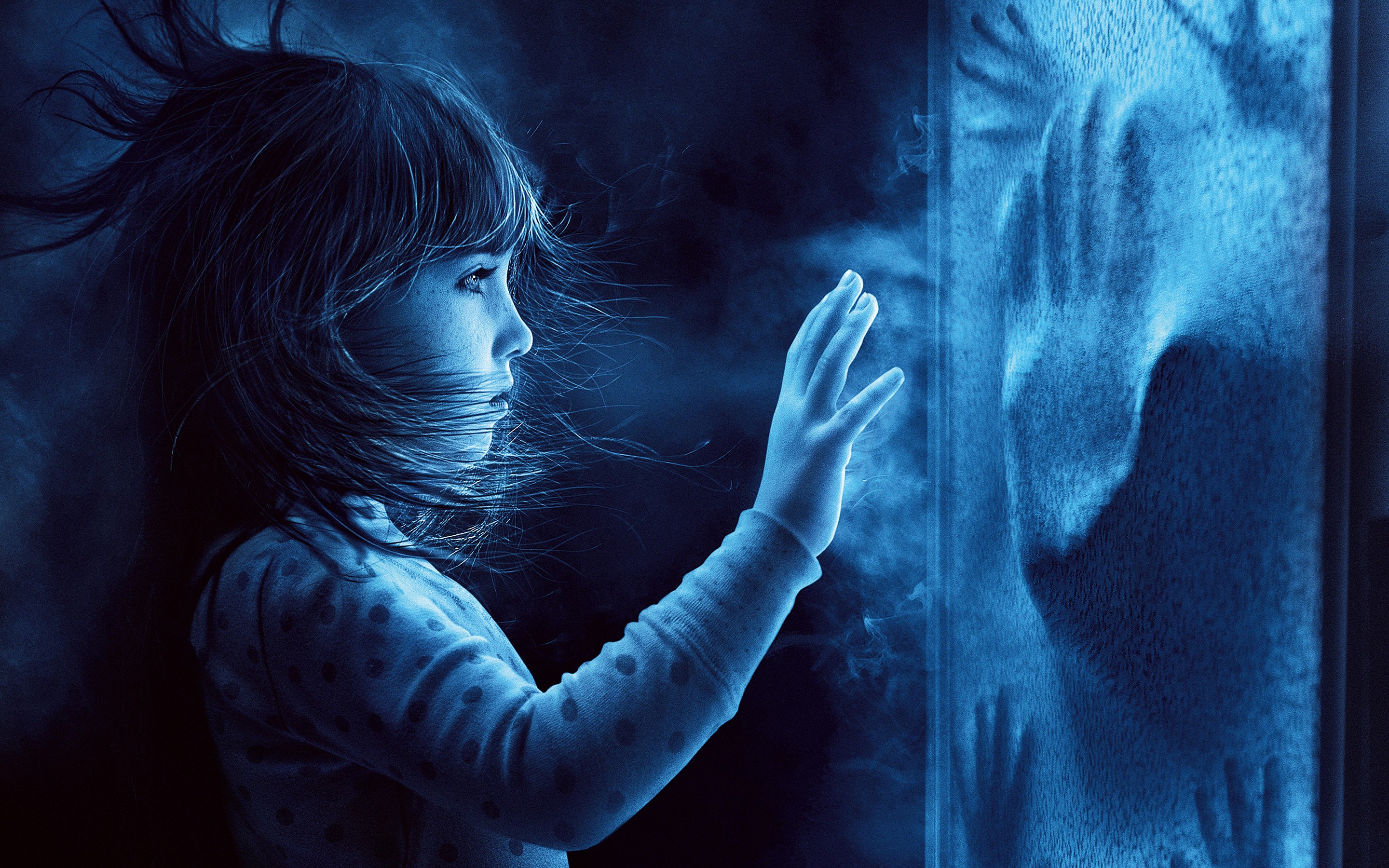 Girl touching a glass wall with handprints HD Wallpaper