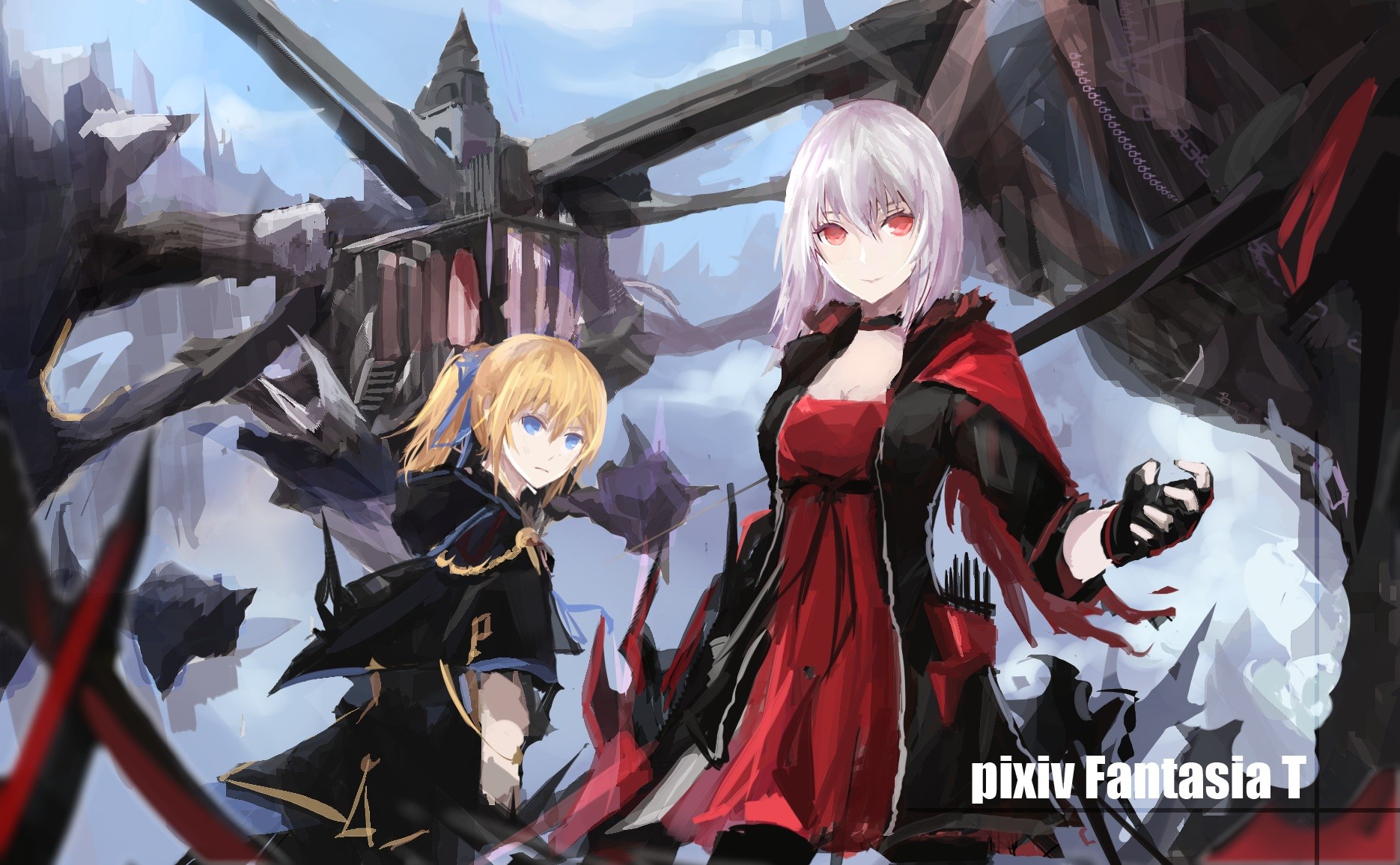 Anime girls with white and blonde hair in a dark fantasy setting HD Wallpaper