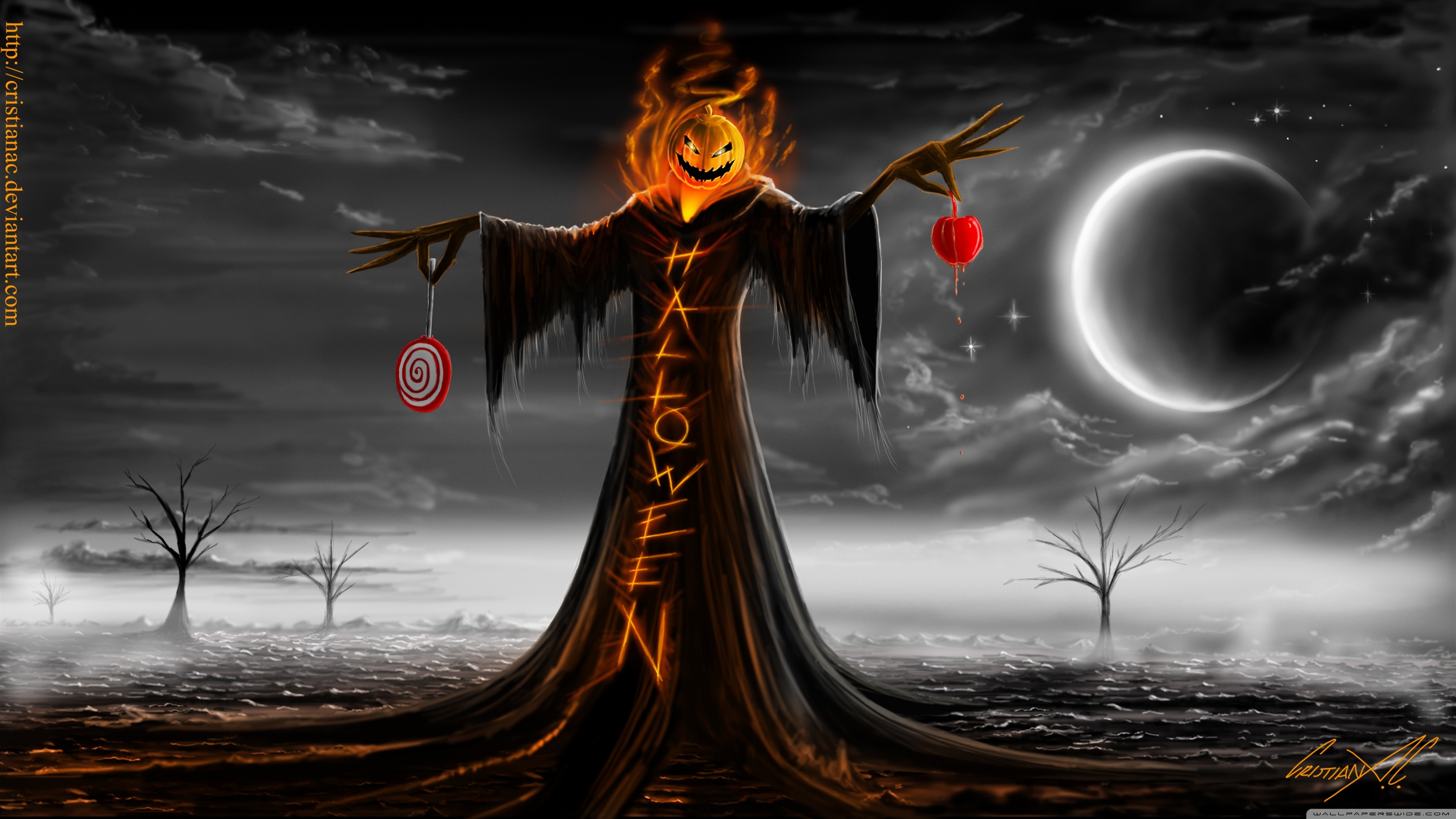 Scarecrow with Pumpkin Head and Halloween Candy HD Wallpaper