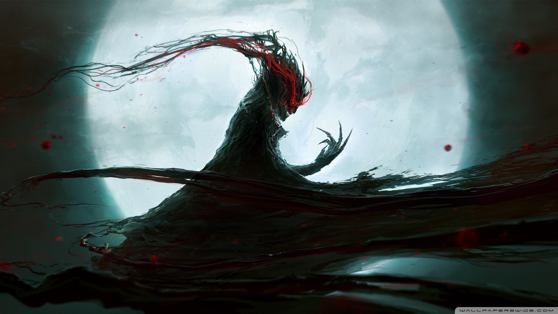 Dark fantasy creature with red eyes and tendrils HD Wallpaper