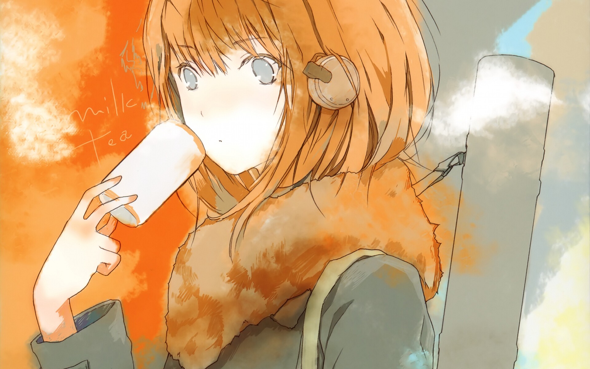 Anime girl drinking milk tea with headphones HD Wallpaper