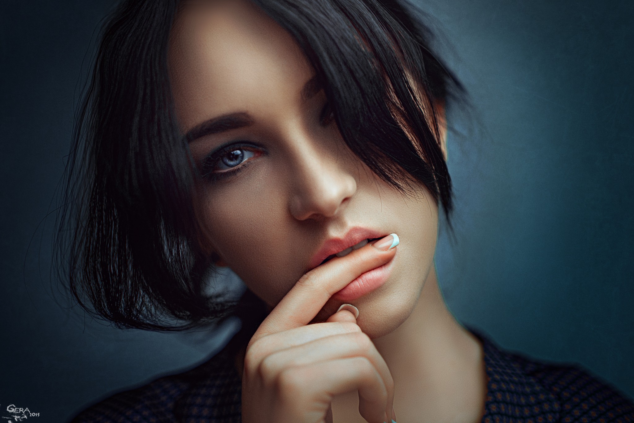 Portrait of a woman with blue eyes and dark hair HD Wallpaper