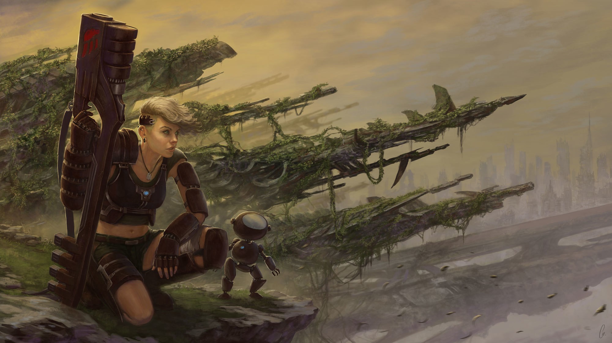 Woman with a large weapon and robot in a ruined futuristic city HD Wallpaper