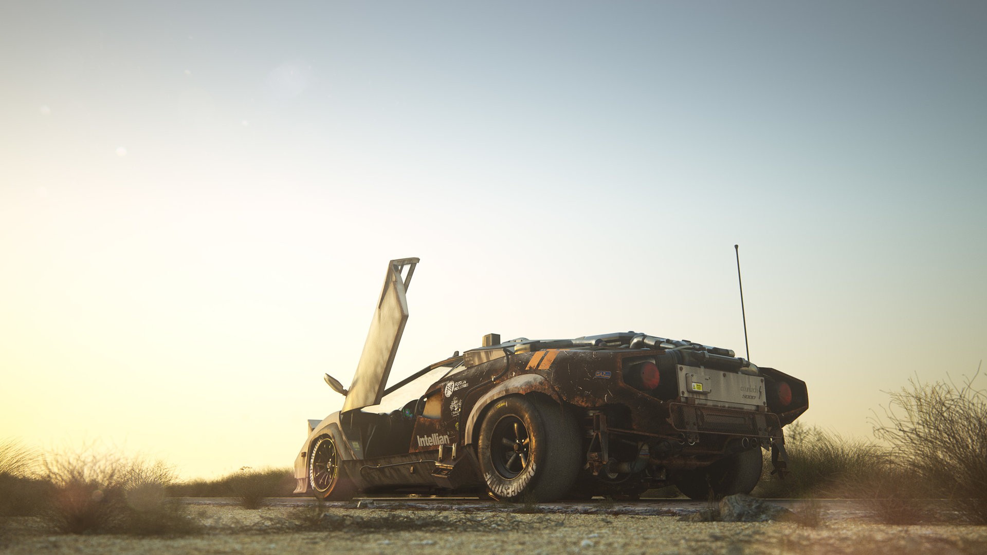 Post-apocalyptic sports car with gull-wing door open HD Wallpaper
