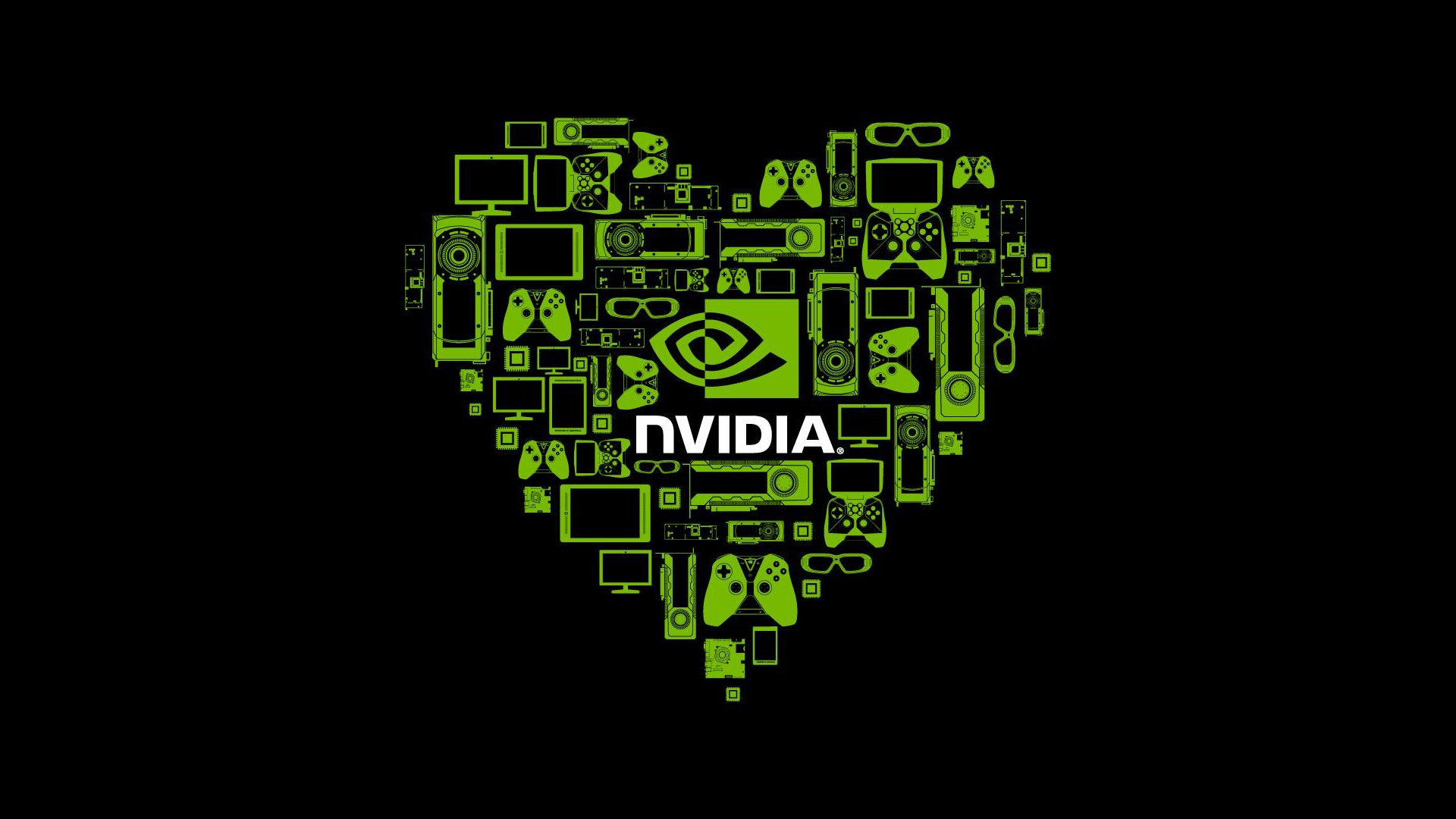 Nvidia logo and gaming icons in a heart shape HD Wallpaper