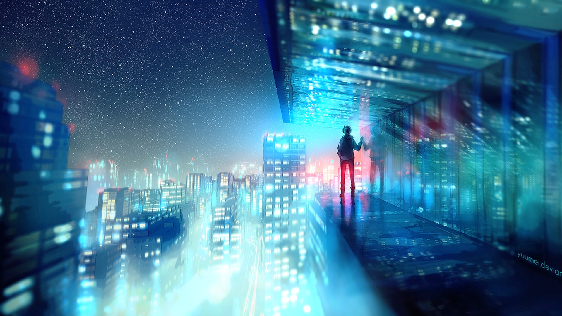 Fantasy art of a person looking at a futuristic city at night HD Wallpaper