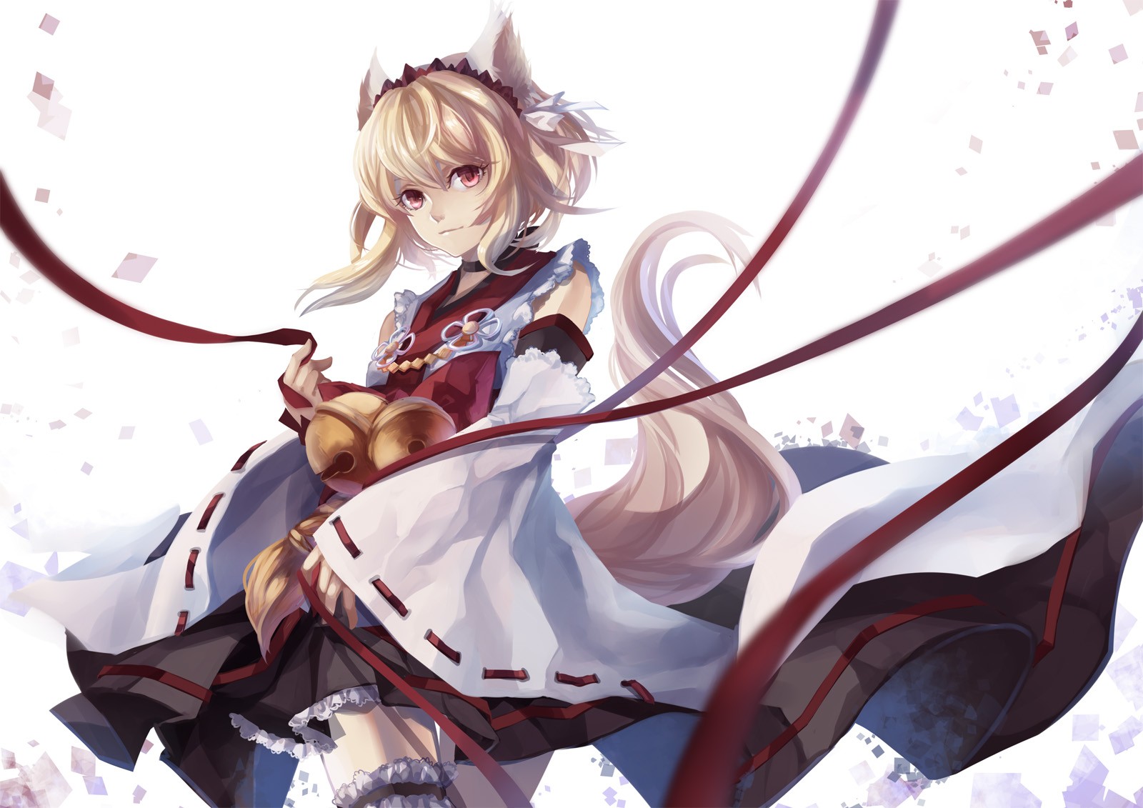 Anime girl with fox ears and tail holding bells HD Wallpaper